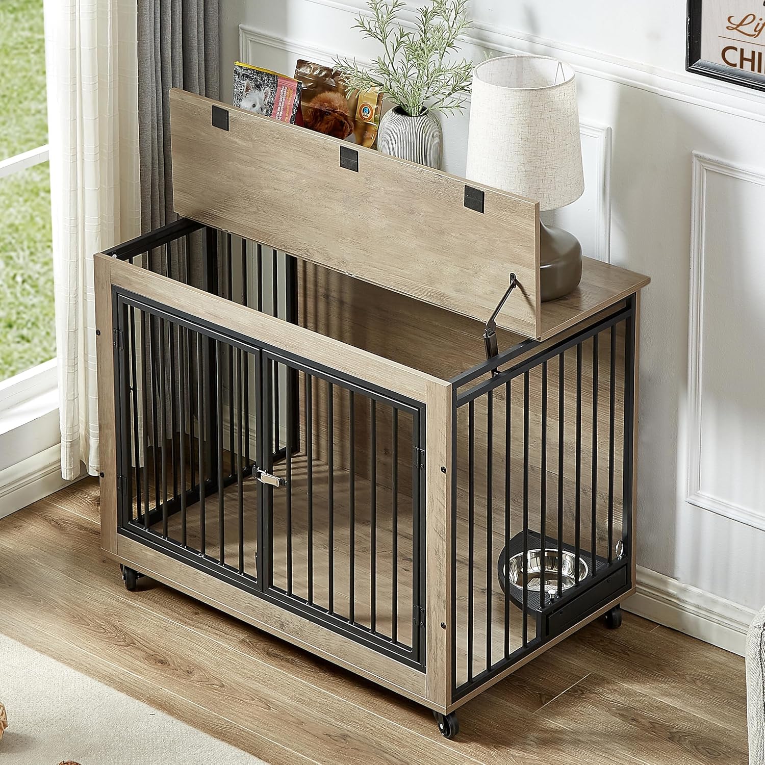 Furniture Style Dog Crate Side Table with Rotatable Feeding Bowl, Wheels, Three Doors, Flip-Up Top Opening. Indoor, Grey, 38.58" W x 25.2" D x 27.17" H