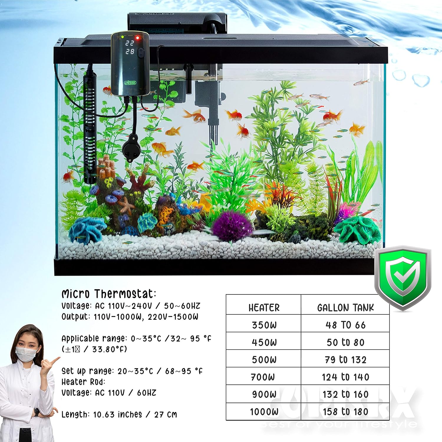 Corisrx Submersible Aquarium Heater Set - 55-100 Gallon Betta Fish Tank Temperature Controller, Turtle Tank Thermometer, Freshwater Saltwater Large Tank Thermostat (500W (for 79 to 132 Gallon))