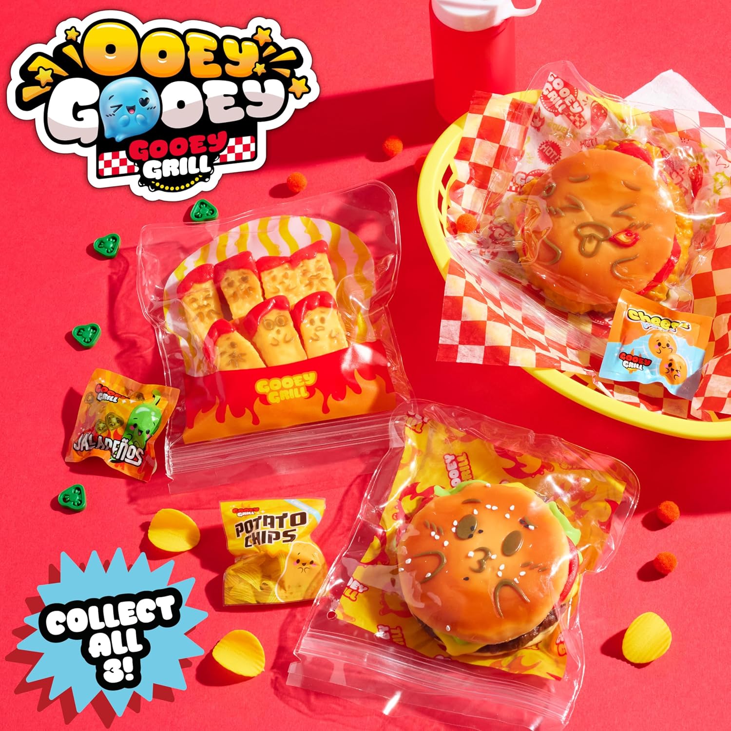Just Play Ooey Gooey Gooey Grill Smooosh Burger Set with Toppings, Super Soft and Squishy Play Food, Fidget and Sensory Toy for Kids, Girls, Boys, Ages 3 and Up