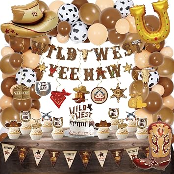 Western Party Decorations - 120PCS cowboy party decorations, Swirls Wild West Banners, Cowboy Boot and Hat Balloons,rodeo party Hanging Swirls for Boys Birthday Western Baby Shower Party Decor