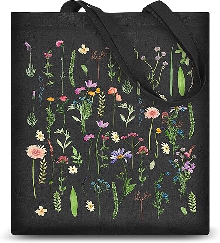 AUSVKAI Bolsa de lona estética para mujer, lindas bolsas de algodón reutilizables de tela para compras, playa, comestibles, Flores silvestres