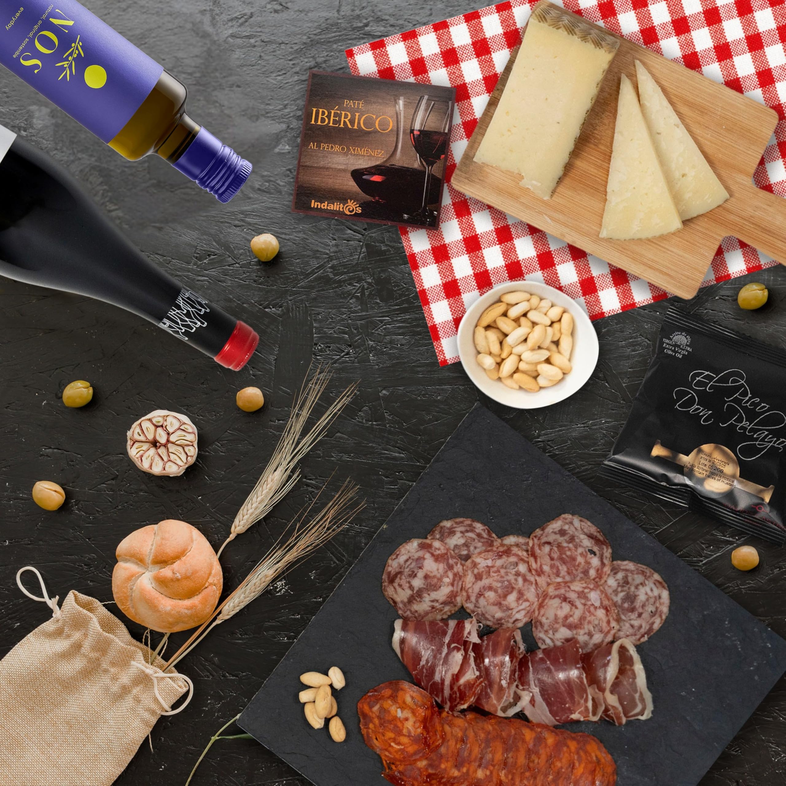 UNIVERSO GOURMET | Cesta Gourmet para Regalar | Vino DO.Ribera | Aceite Oliva Virgen Extra | Embutidos Ibericos Bellota | Paleta Ibérica y Queso Curado | Pate Pedro Ximenez y Picos Pan Artesanos — view 3