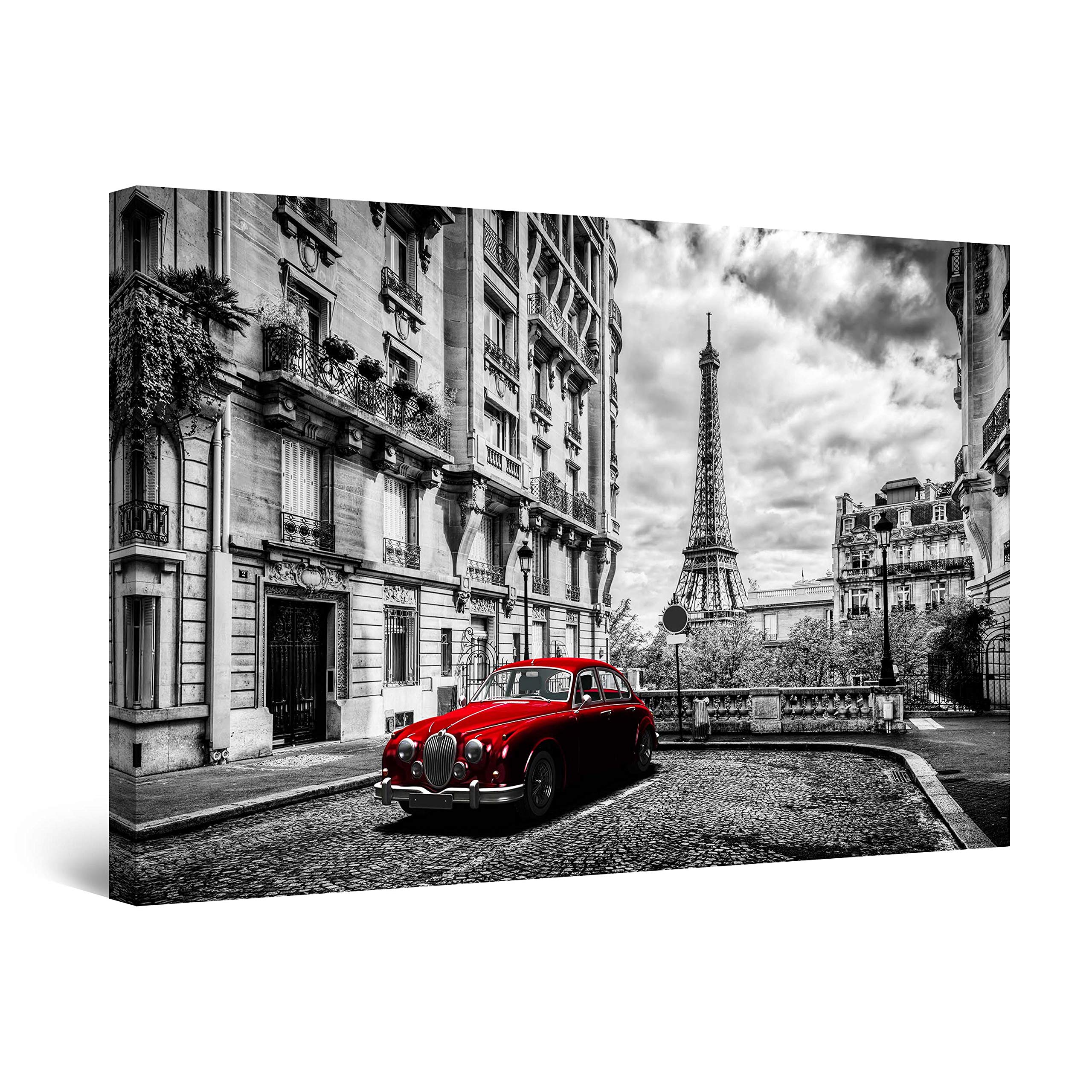 Startonight Canvas Wall Art Black and White Abstract Red Car in Paris, Framed Artwork Picture Home Decor for Living Room 32" x 48"