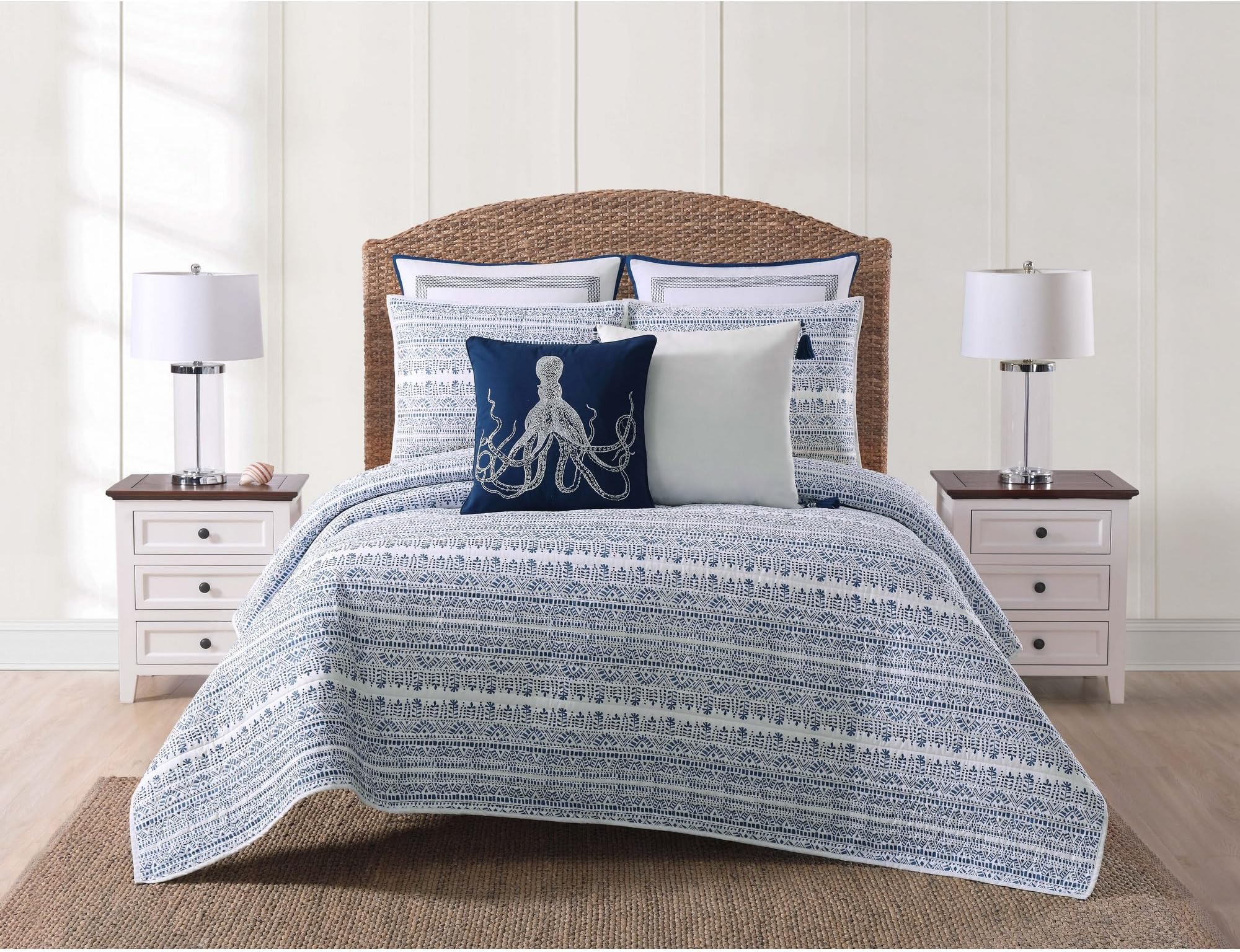 Reef White and Blue Cotton 3-Piece King Quilt Set, coastal Themed, for Men and Women, OEKO-TEX Certified Confidence
