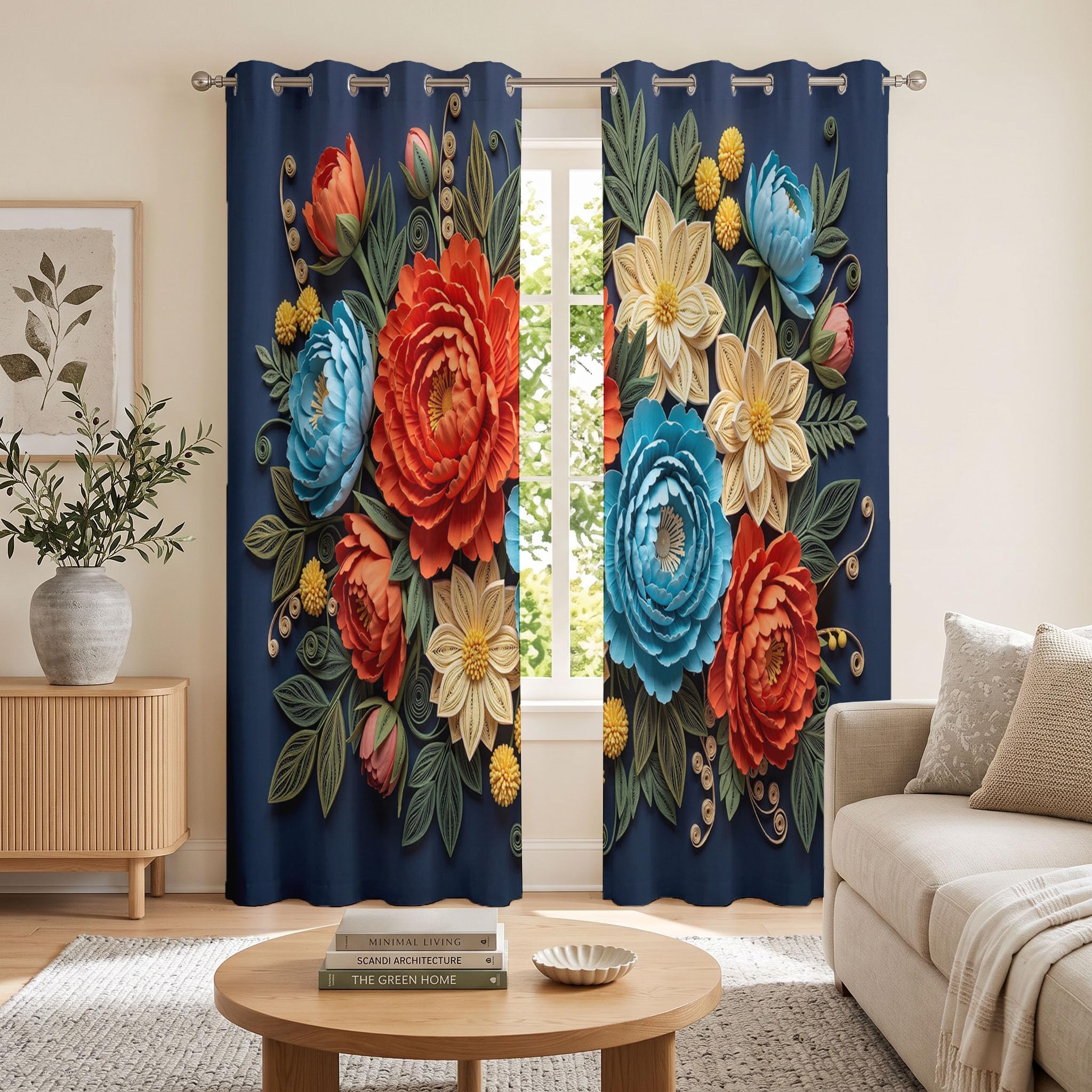 Rideaux Motif Texture De Relief Végétal 3D 75X166 Cm (Lxh), Lot De 2 | Pivoines Éclatantes Bleu Foncé Rideau Occultant, Thermiques, À Oeillets, Chambre, Salon, Draperies Intérieurs Fenetre
