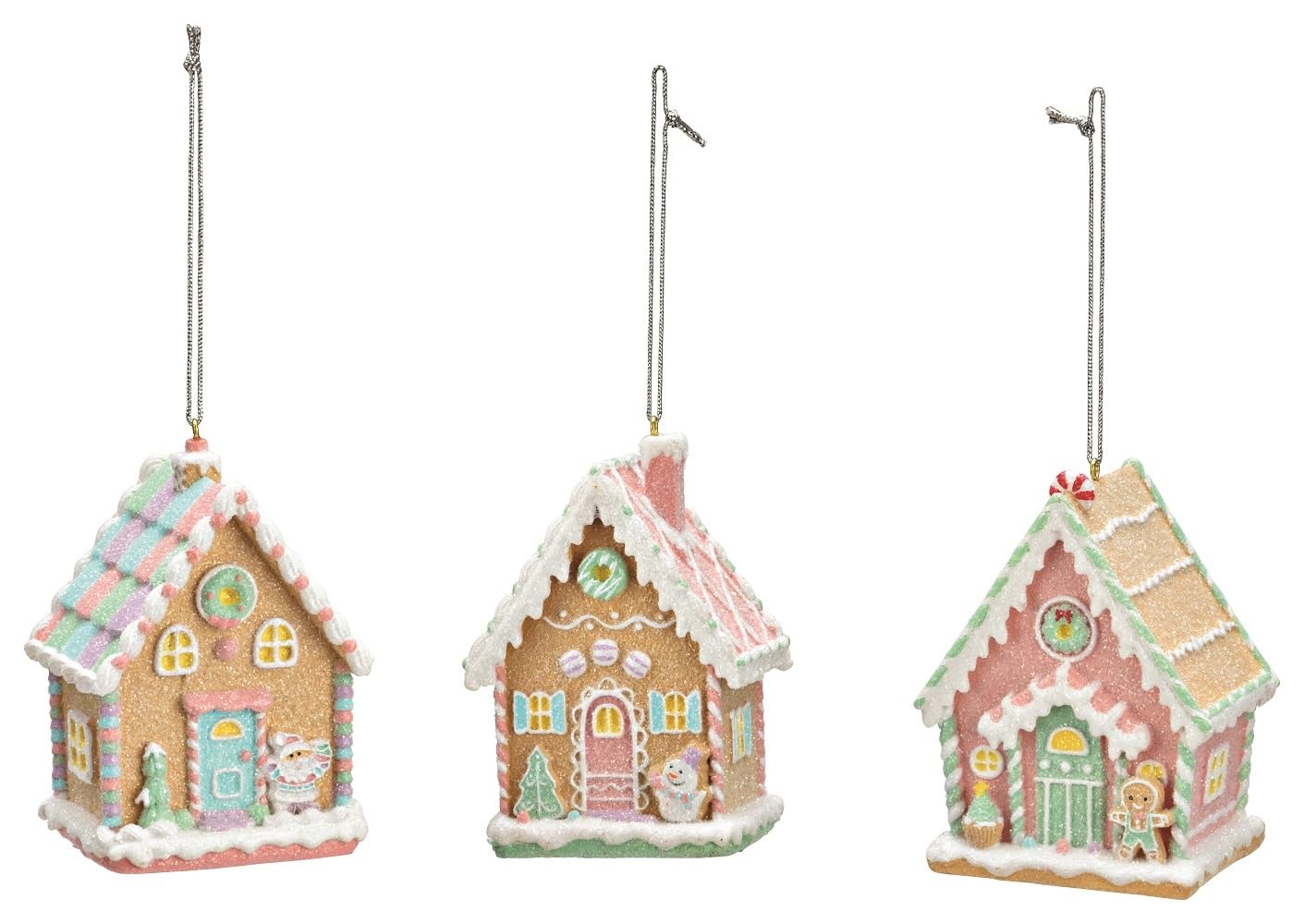 Christbaumschmuck LEBKUCHENHAUS witziger Weihnachts-Hänger Tannenbaum-Anhänger lustig & bunt Weihnachtsschmuck Anhänger Weihnachts-Deko in rosa, Mint & Glitzer - Inhalt 3 Stück