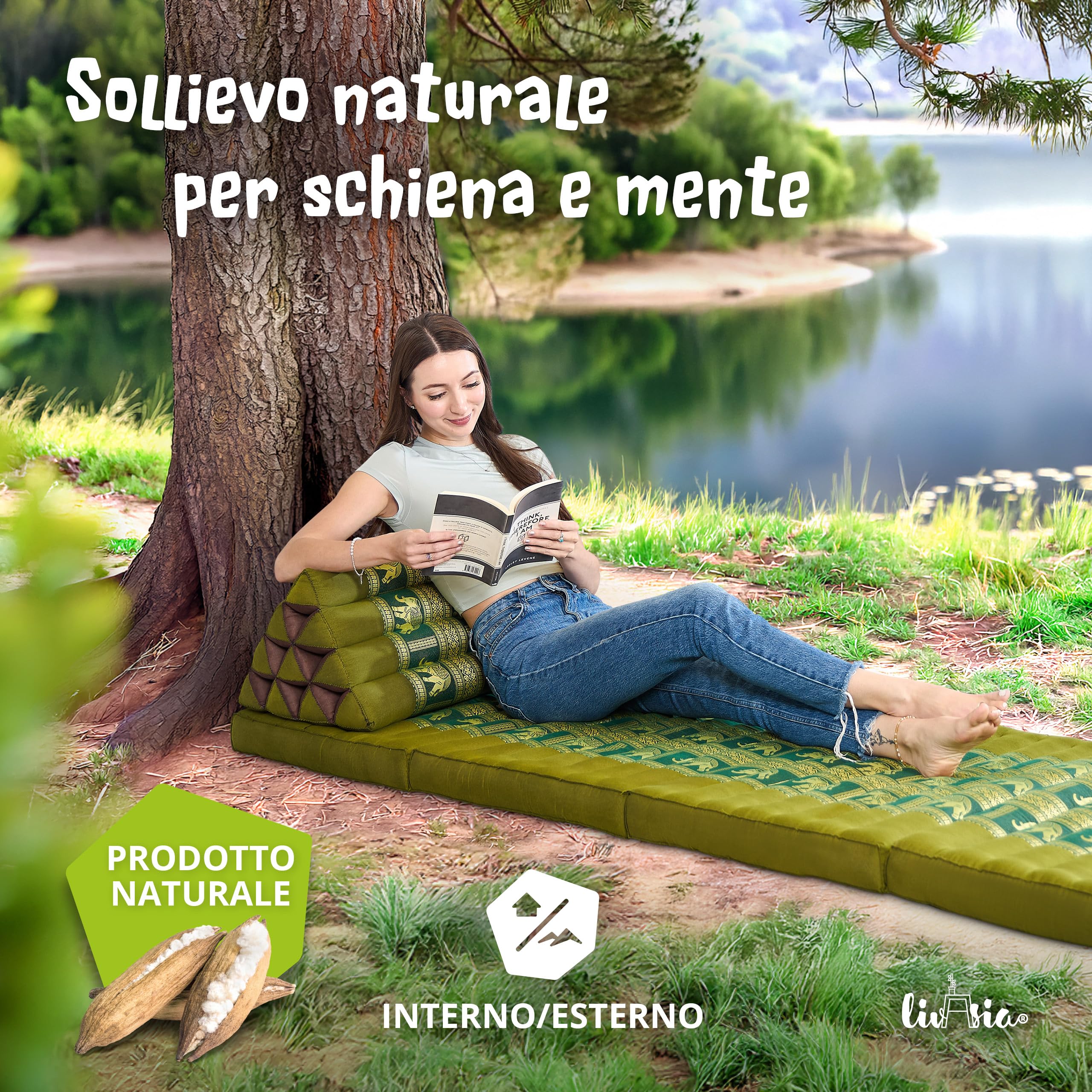livasia Cuscino per la Schiena in Seta thailandese - 32x55x30cm - Cuscino Triangolare per Il Giardino e Il Balcone, Cuscino a Cuneo con kapok, Fatto a Mano (Verde/Elefanti Seta)