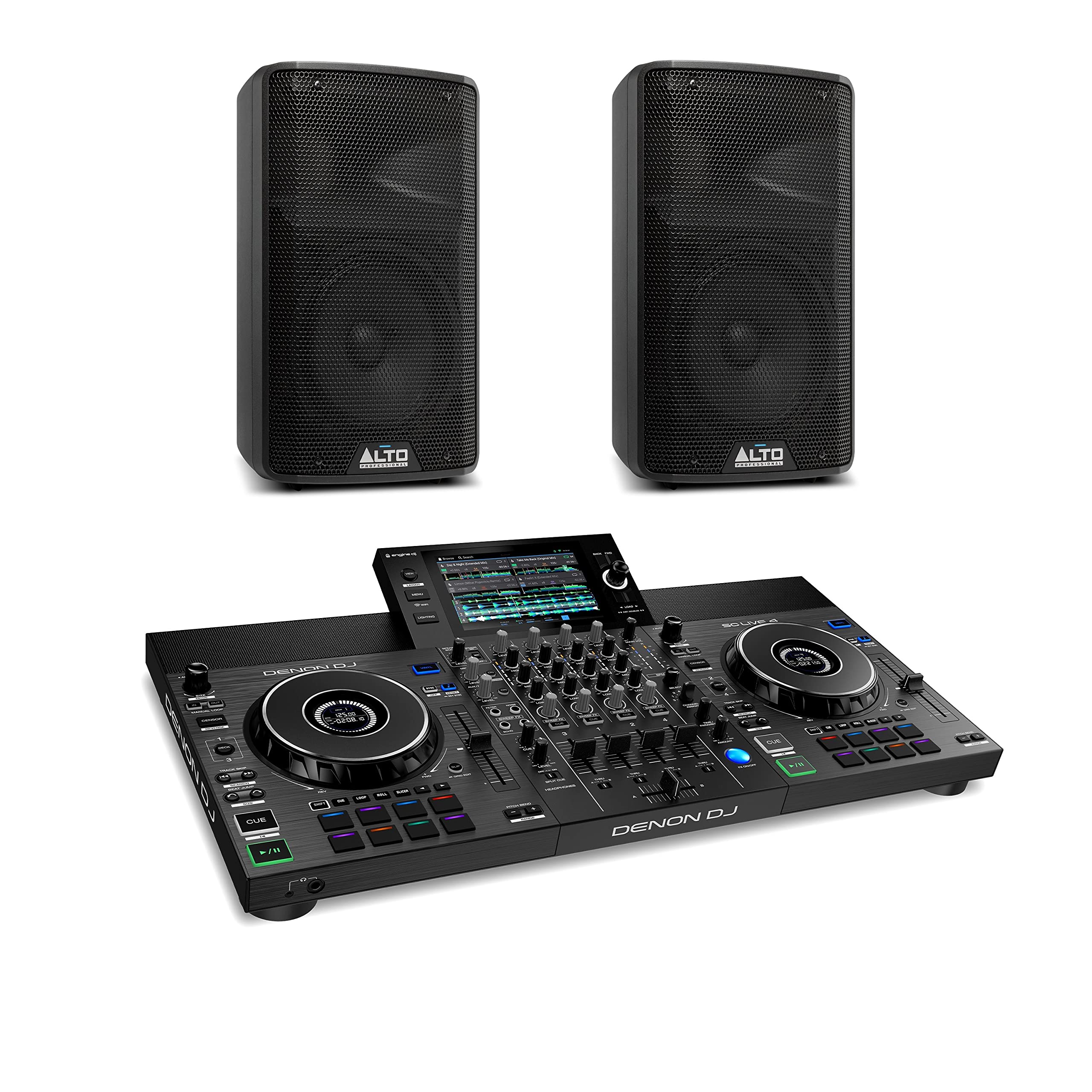 Denon DJ SC LIVE 4 Standalone DJ Controller with Wi-Fi Streaming and 2x Alto Professional 350W Active PA Speaker with 8 Inch Woofer for Mobile DJ and Musicians