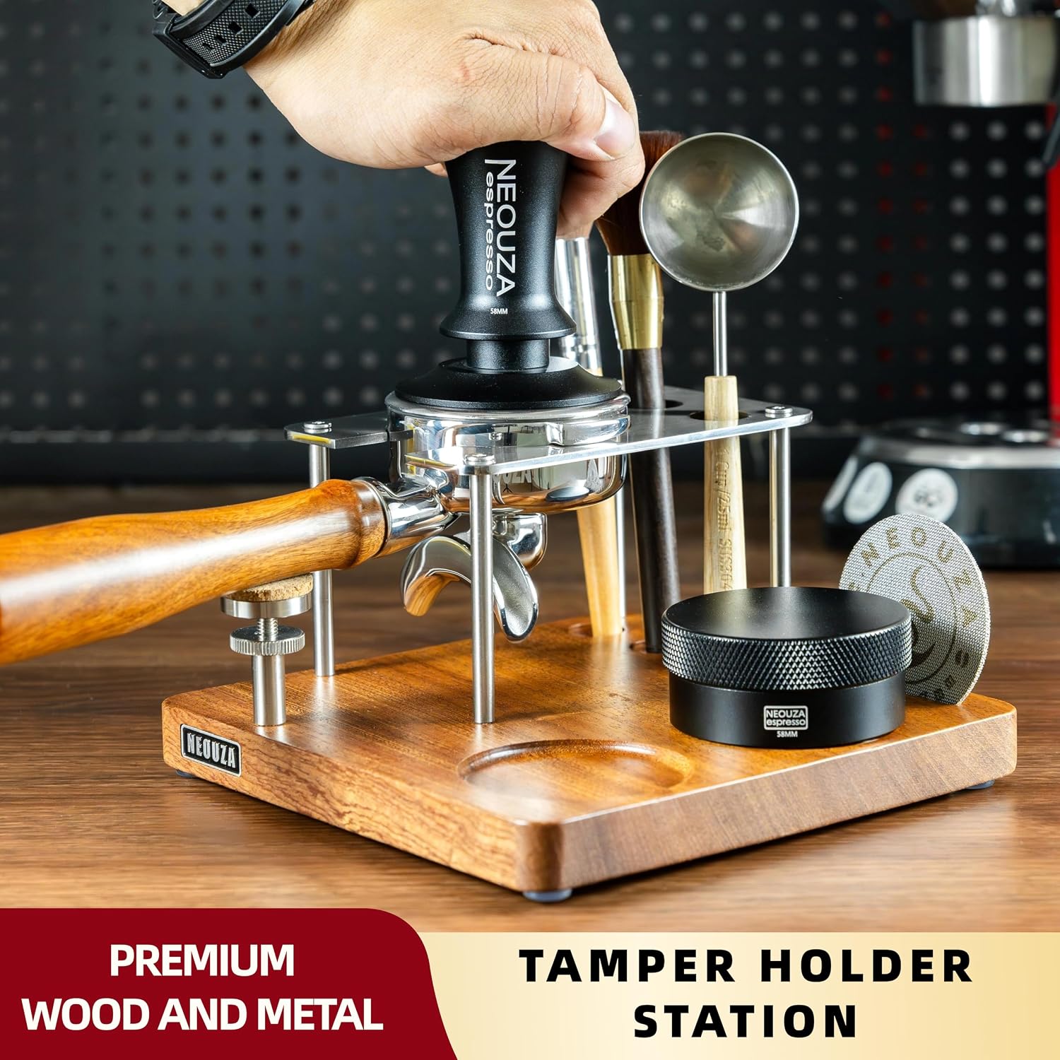 NEOUZA Espresso Tamper Mat & Organizer Station, Wood Tamping Stand with Portafilter Holder Espresso Accessories Storage, 304 Stainless Steel & Walnut Wood (58mm Plus)