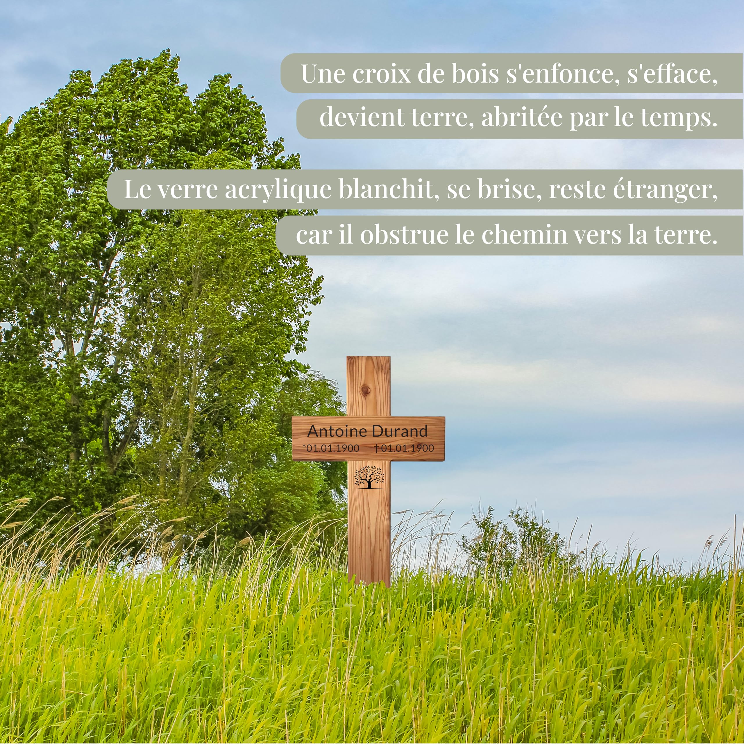 Croix funéraire XXL en bois de mélèze huilé 80 x 40 cm avec gravure laser