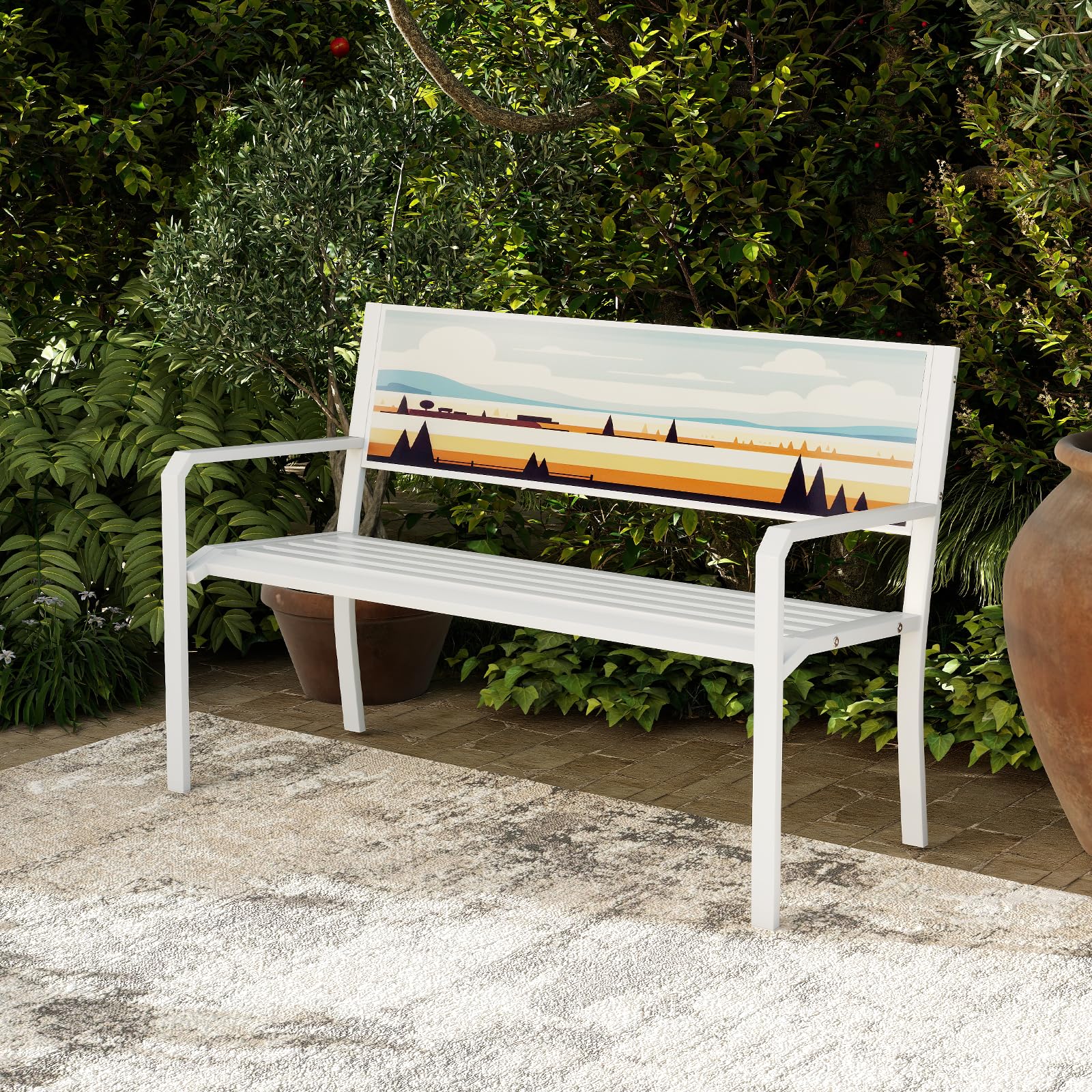 KOMFOTTEU Panca da Esterno in Metallo, Panchina da Giardino 2-3 Posti, con Schienale Decorativo ed Ergonomico, Braccioli, e Piedini Antiscivolo, Panca da Terrazza, Parco, Cortile, Patio, Bianco