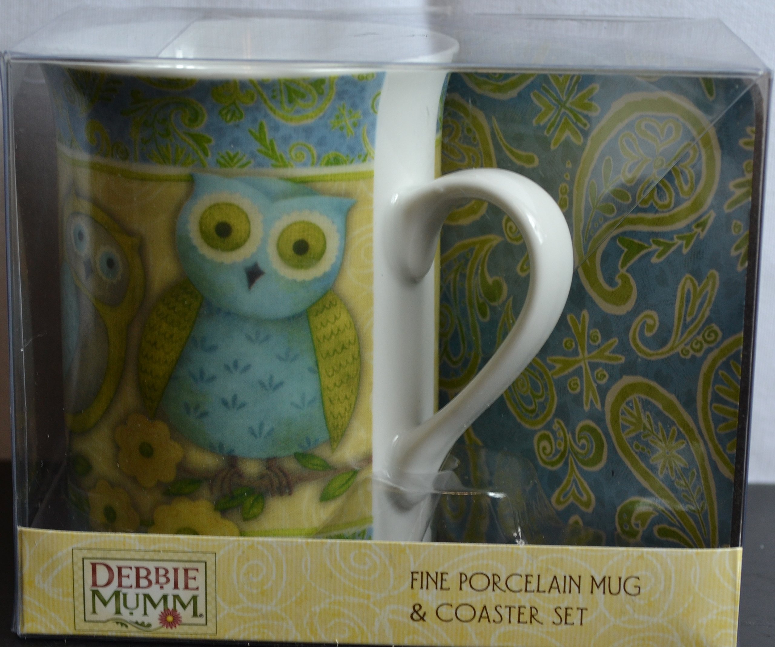 Paisley Owl Debbie Mumm Fine Porcelain Coffee Mug with Coaster Gift Set