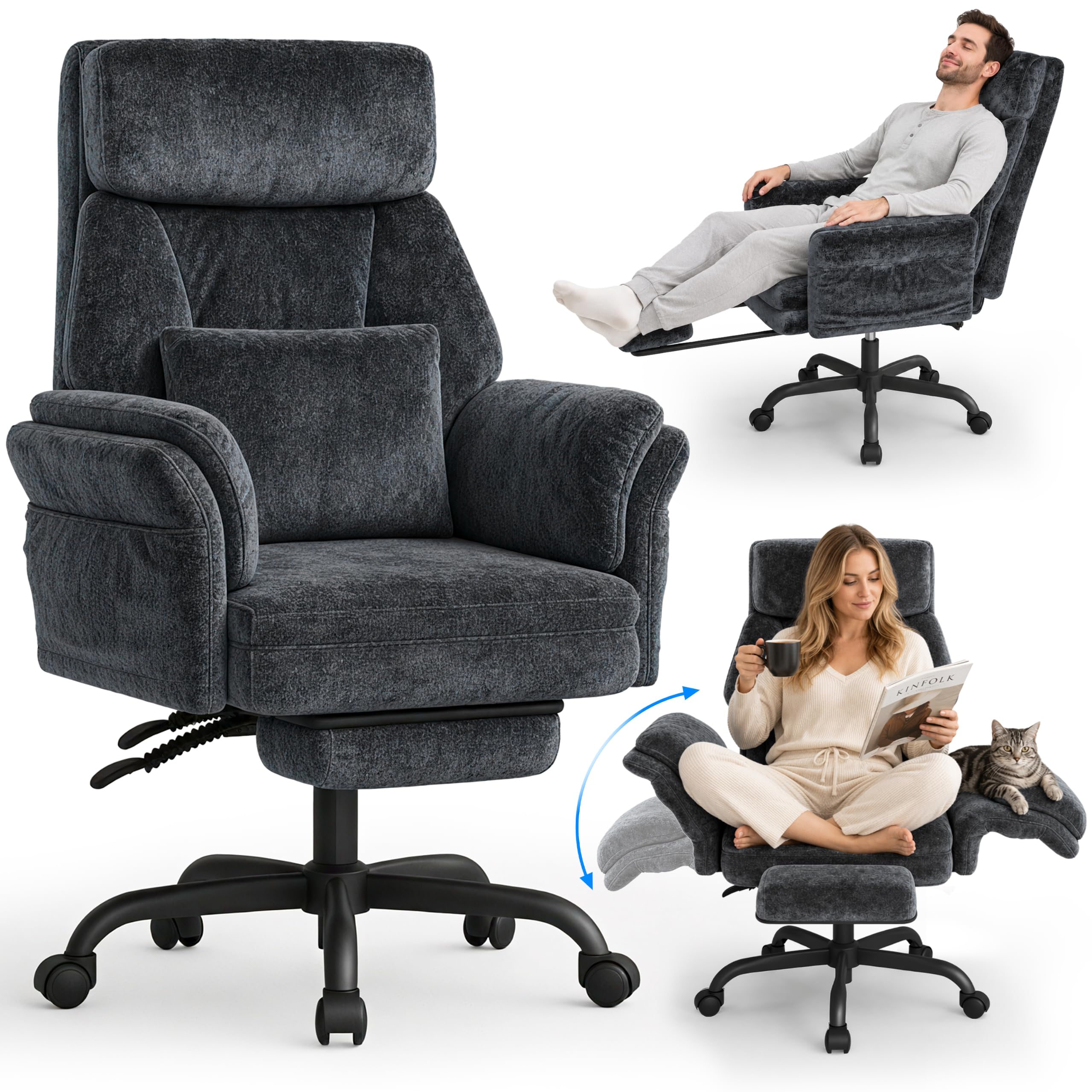 ELABEST C57 Ergonomic Reclining Office Chair with Footrest,Velvet Desk Chairs with 6-Stage Adjustable Wing Armrests for Cross Legged Sitting, Pet-Friendly High Back Lounge Gaming Chair for Home Office Charcoal Gray