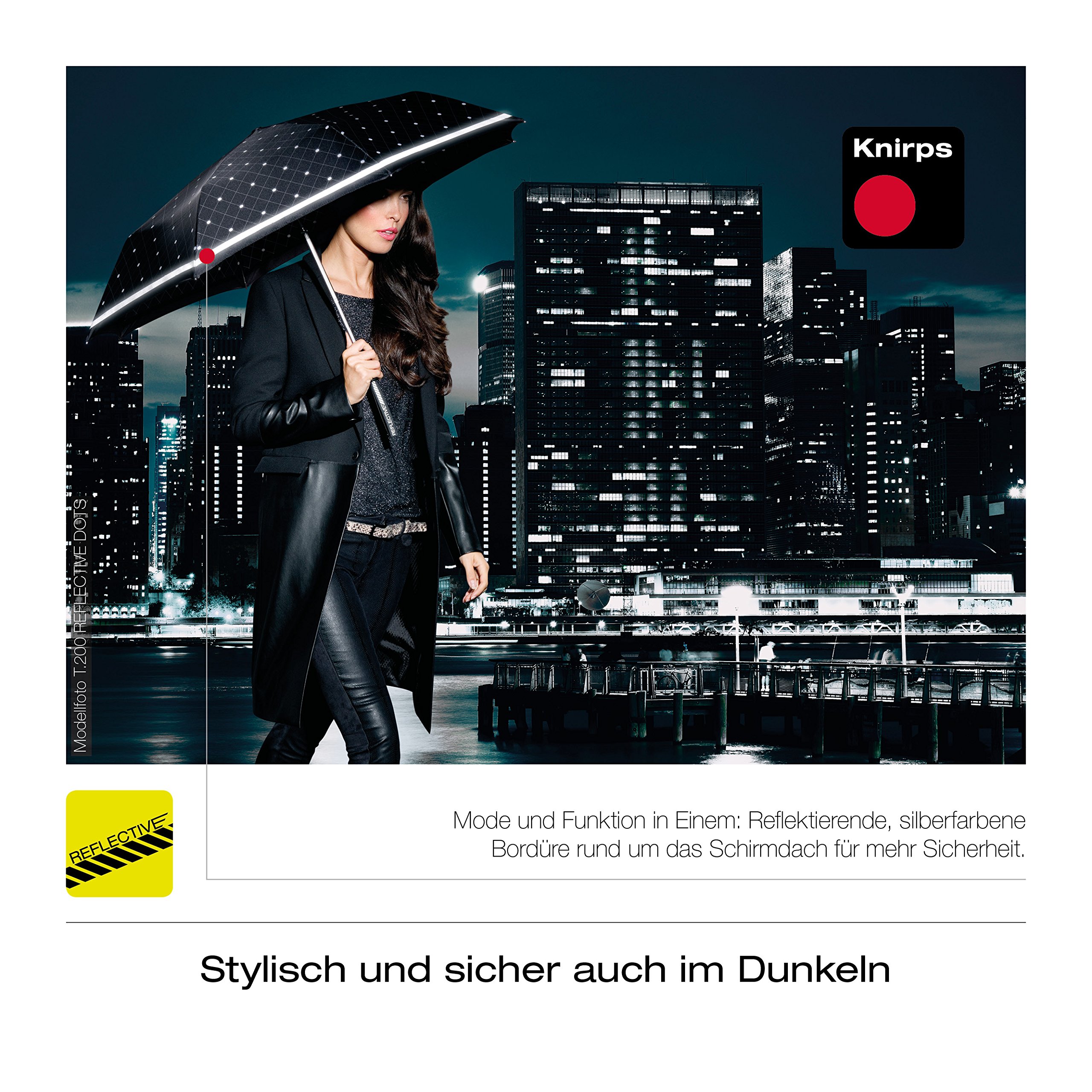 Knirps T.200 Medium Duomatic Reflective Black Parapluie Canne, 94 cm, Noir (Black) | Petit parapluie resistant vent fort ouverture et fermeture automatique 140km/h, toile grand parapluie 98cm, De sac