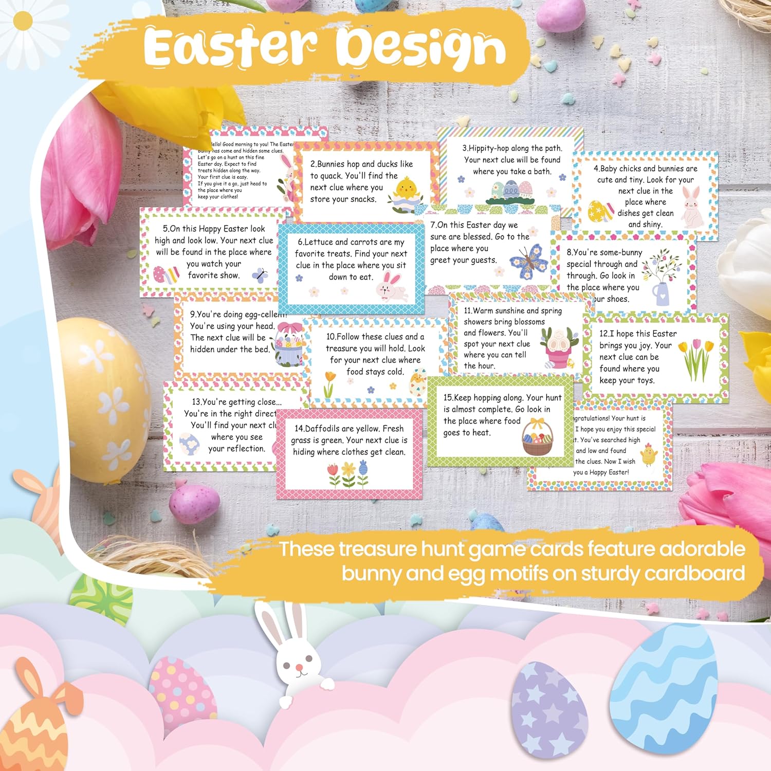 Nature Scavenger Hunt Cards, Bunny Easter Egg Hunt Clue Cards for Adults Family Friends, Spring Camping Treasure Riddle Party Game Indoor Activities - A02