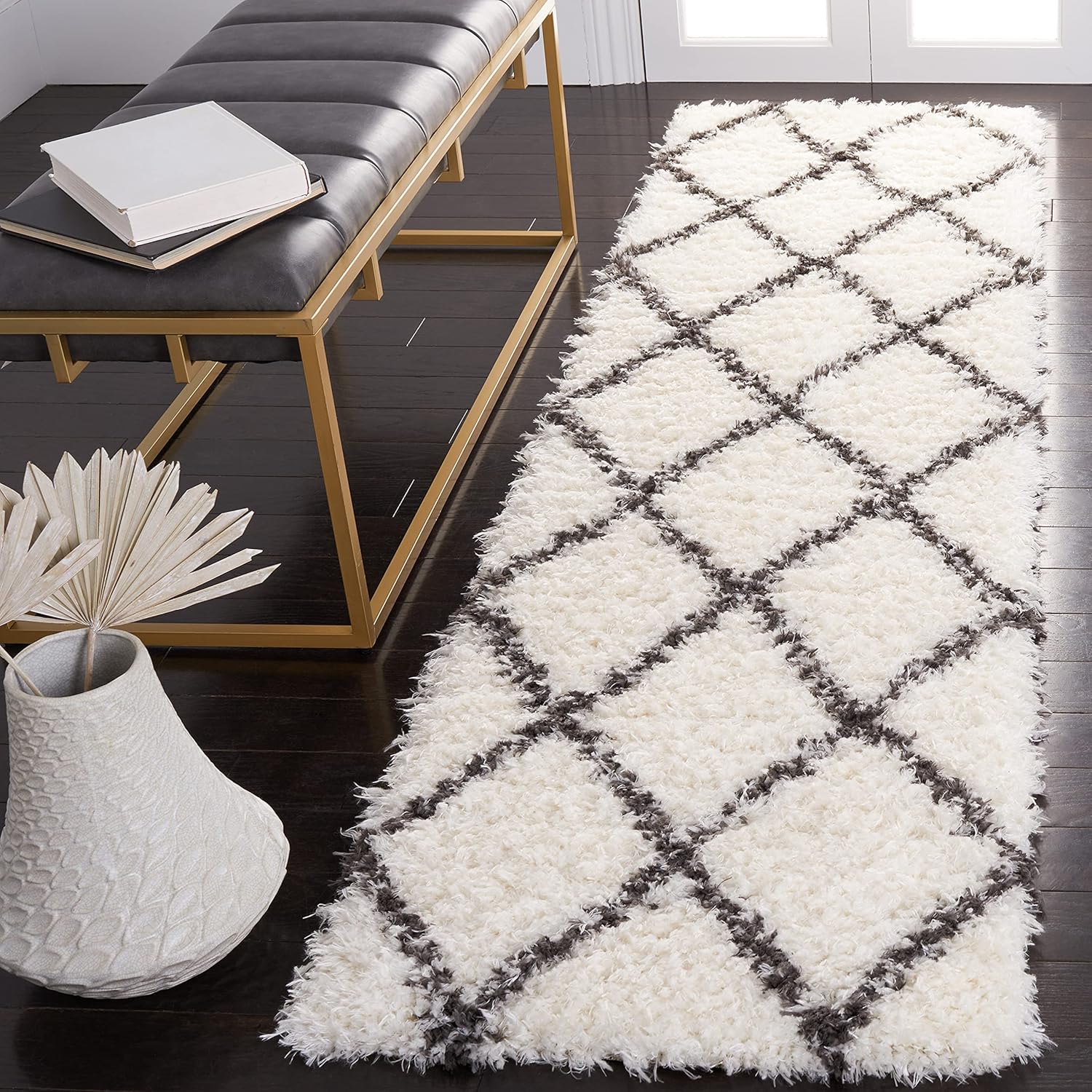 SAFAVIEH Flokati Collection Runner Rug - 2'2" x 8', Ivory & Dark Grey, Non-Shedding & Easy Care, 2.3-inch Thick Ideal for High Traffic Areas in Living Room, Bedroom (FLK313A)