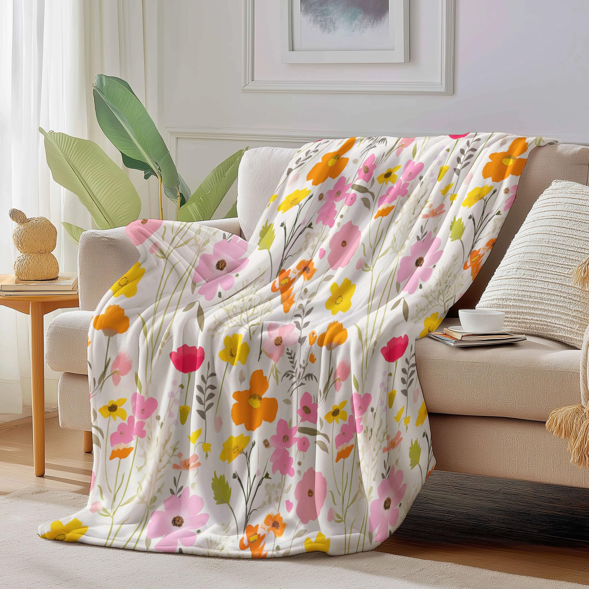 Manta De Floral Lindo, Manta Ligera De Forro Polar con Plantas De Estilo Nórdico para Niños Mujeres, Beige Mantas De Franela Suaves, Sábana Cálida Adecuada para Invierno, 200X200Cm