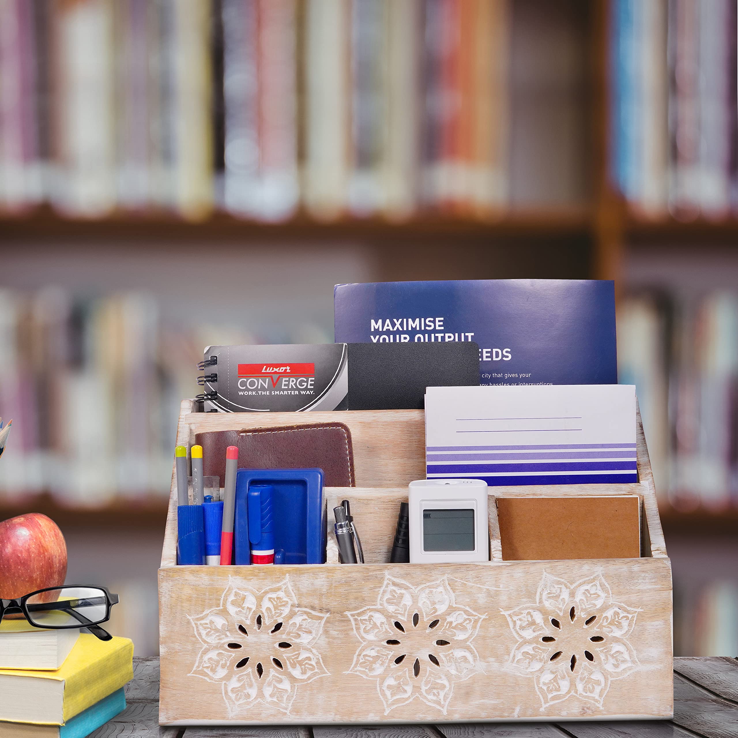 Rustikaler Schreibtisch-Organizer aus Holz, 5 Fächer, Organizer für Zuhause, Schule, Stifte, Utensilien und mehr – weiß getünchte Oberfläche