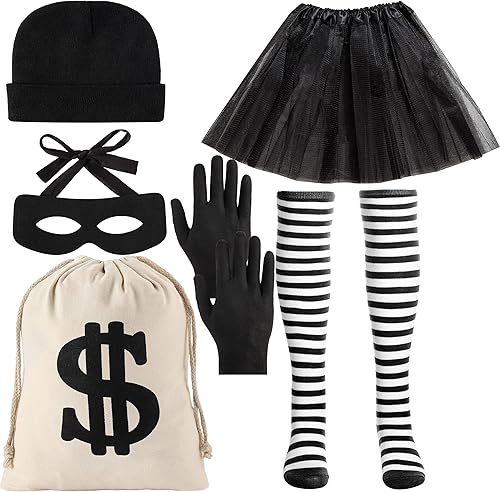 Juego de disfraz de ladrón de Halloween, 6 piezas de disfraz de Halloween incluye falda de manga larga a rayas, falda tutú negra, guantes de punto,