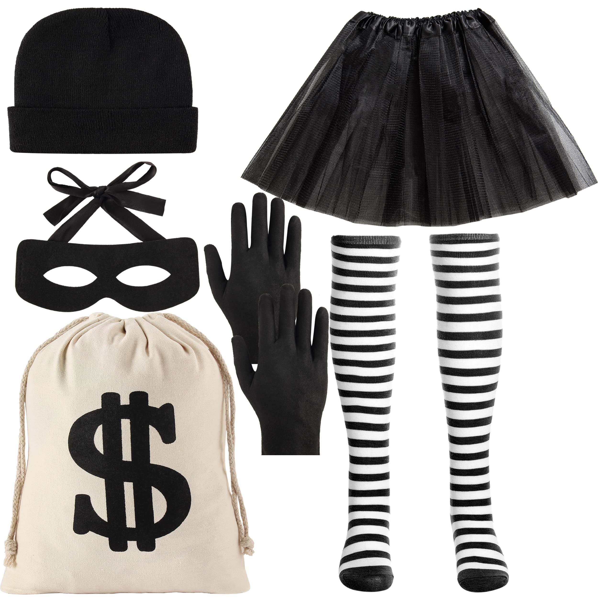 FIOEOZHalloween Robber Costume Set, 6 PCS Halloween Outfit Cosplay Costume Include Striped Long Sleeve Skirt Black Tutu Skirt and Eye Mask