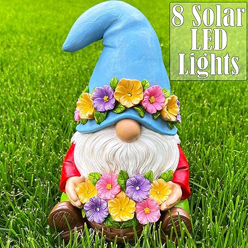 Miniatura 4 de Mood Lab Gnomo de jardín  Estatua solar de gnomo con cesta de flores  Estatua de césped de 9.25 pulgadas de alto con 8 luces LED  para decoración al