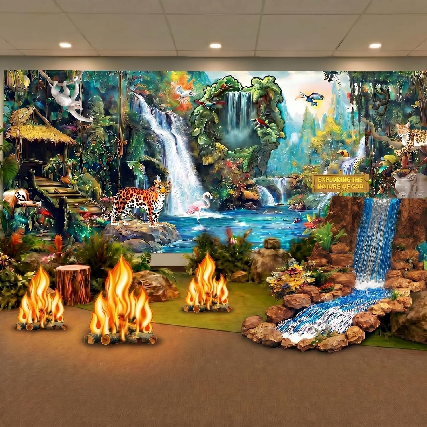 Frienda 18 x 6 ft Rainforest Falls Backdrop Decoration Extra Large 2026 VBS Backdrop Forest Animal Cabin Rainforest Waterfall Background for Home Photography Studio Vbs Photobooth Prop Decoration