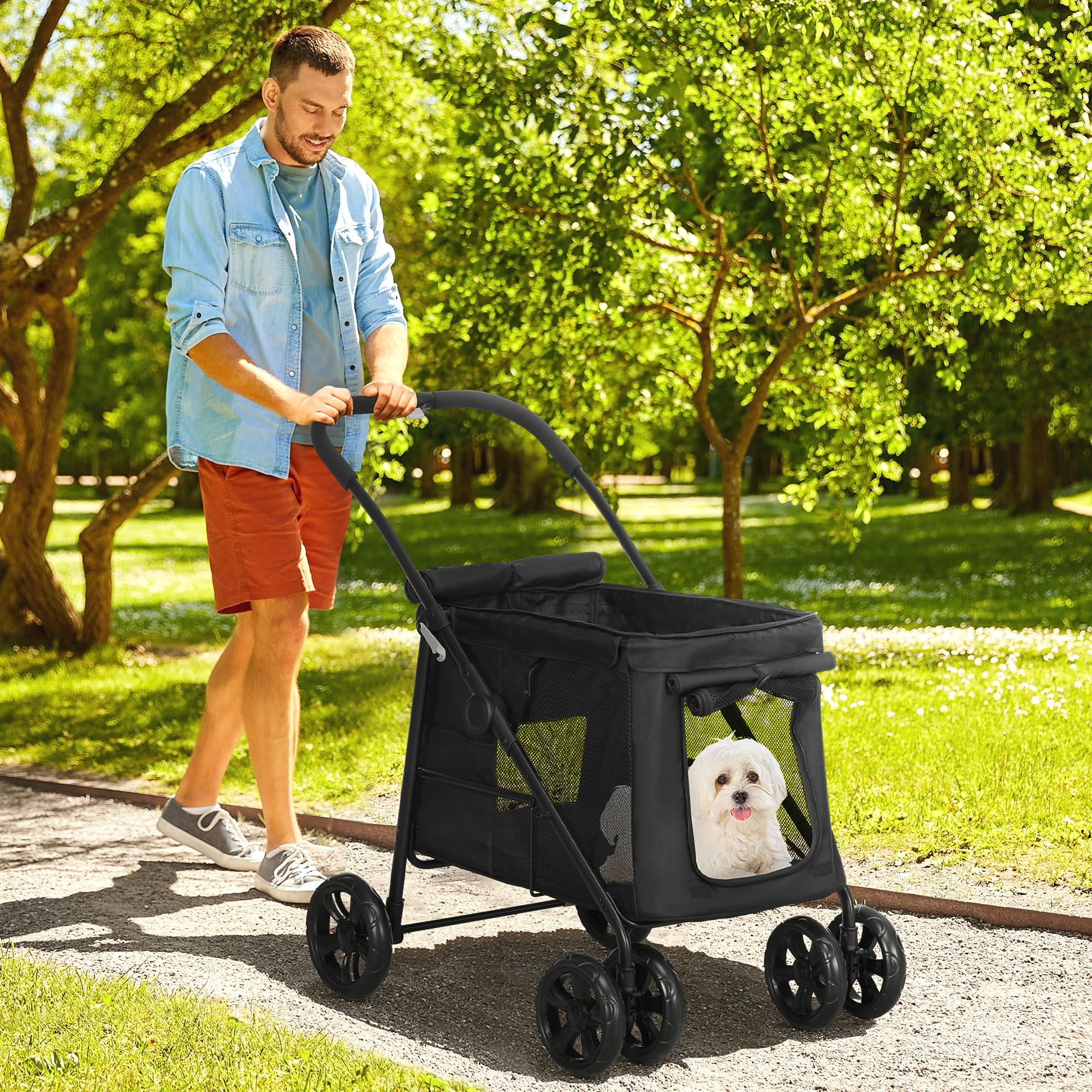 PawHut Hundewagen, faltbarer Hundebuggy, Hundetrolley mit Kissen, Katzenbuggy bis 20 kg, Katzenwagen für kleine und mittelgroße Hunde mit Seitentaschen, Netzfenster, Oxford-Gewebe, Schwarz