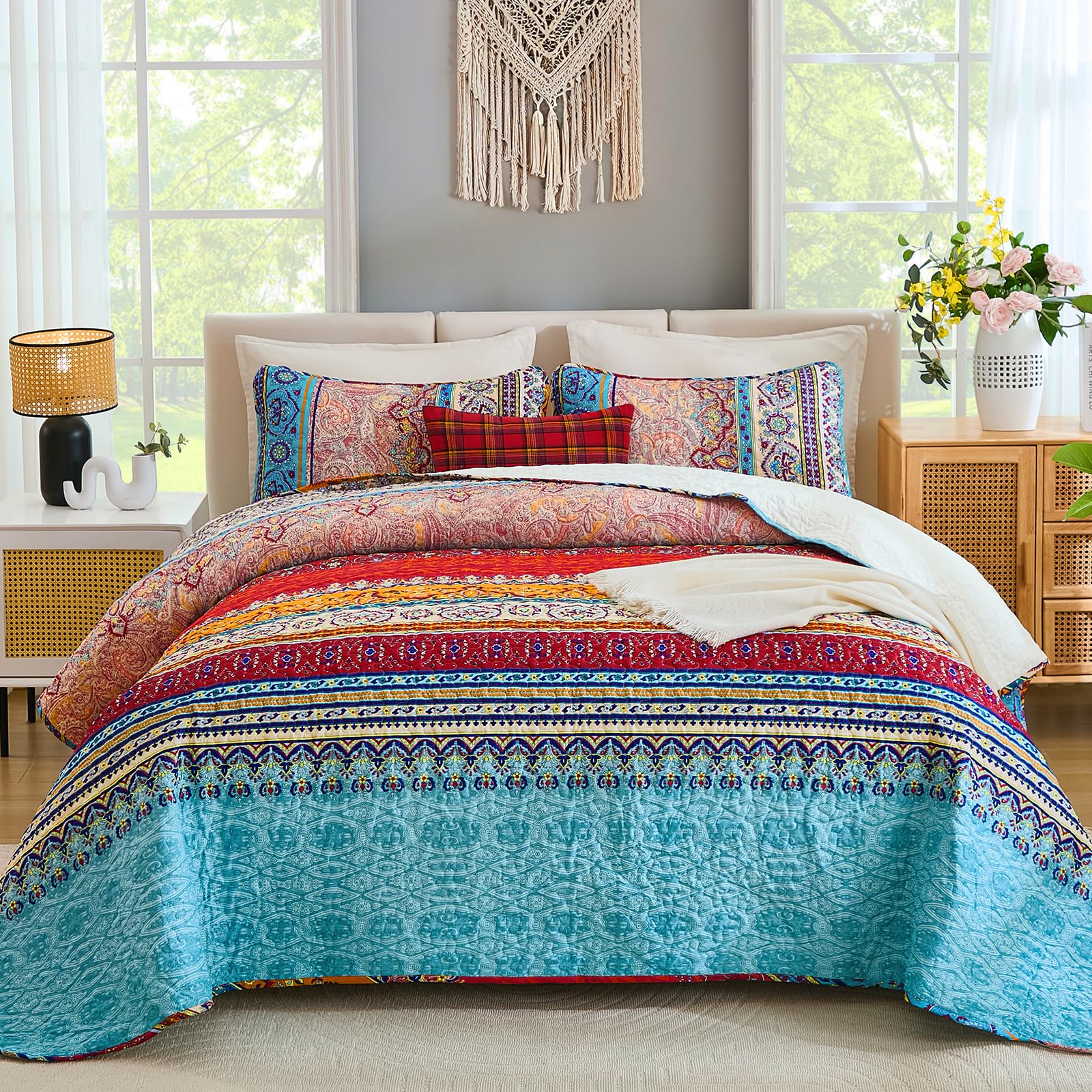 WONGS BEDDING Bohemian Quilt Set King Size, Boho Striped Printed Bedding Bedspread Coverlet Set for All Season, Lightweight Microfiber Quilts with 2 Pillowcases 104"x90" (3 Pieces, Colorful)