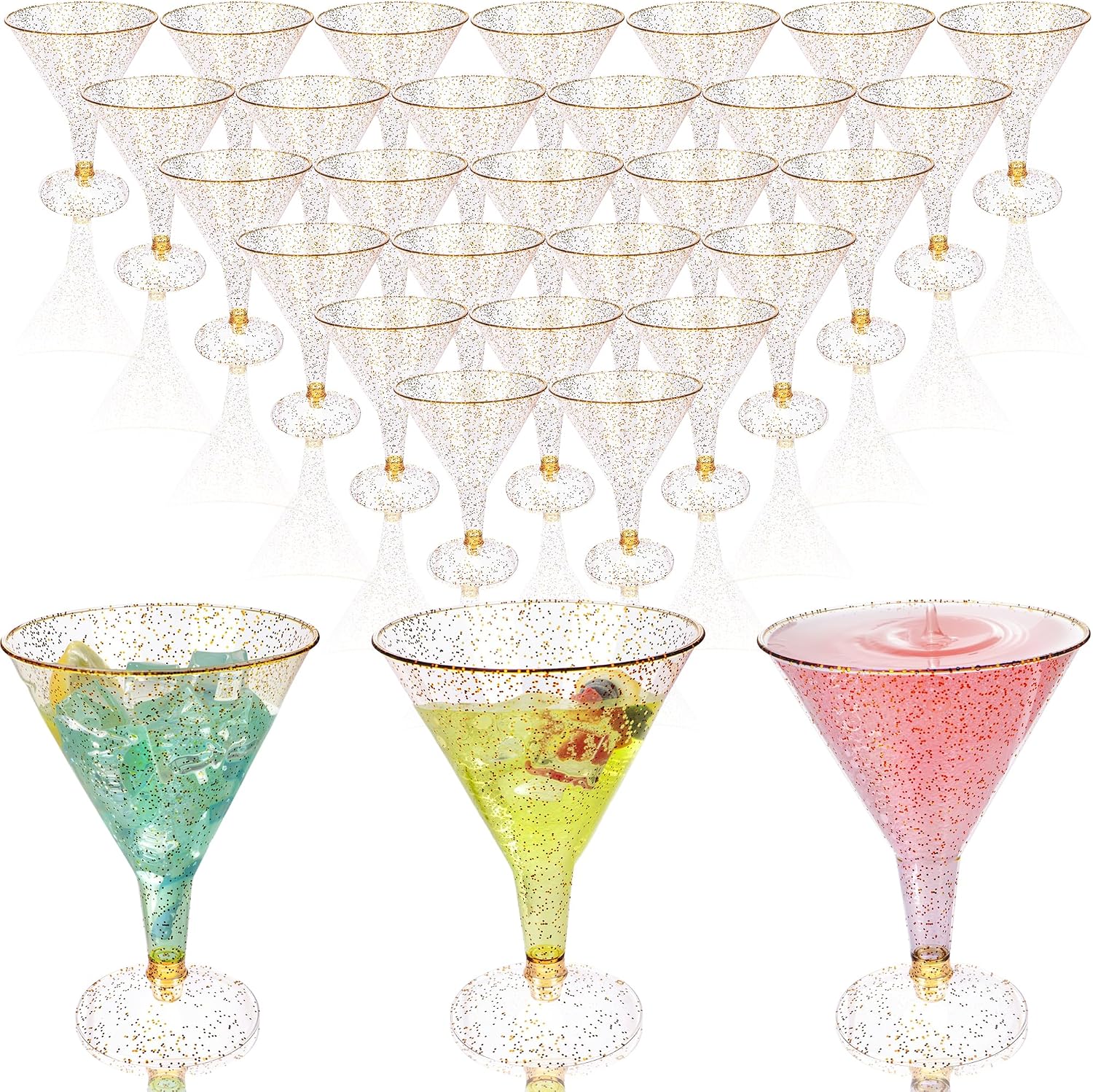 30 Pack Gold Glitter Plastic Martini Cups Bulk 6.25 oz Disposable Unbreakable Cocktail Glasses for Wine Champagne Wedding Holiday Events Party