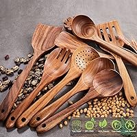 Vista 6 de Juego de Utensilios de Cocina de Madera, GUDAMAYE 9 PIEZAS Cucharas de Madera de Teca Natural Para Sartén Antiadherente para Cocinar