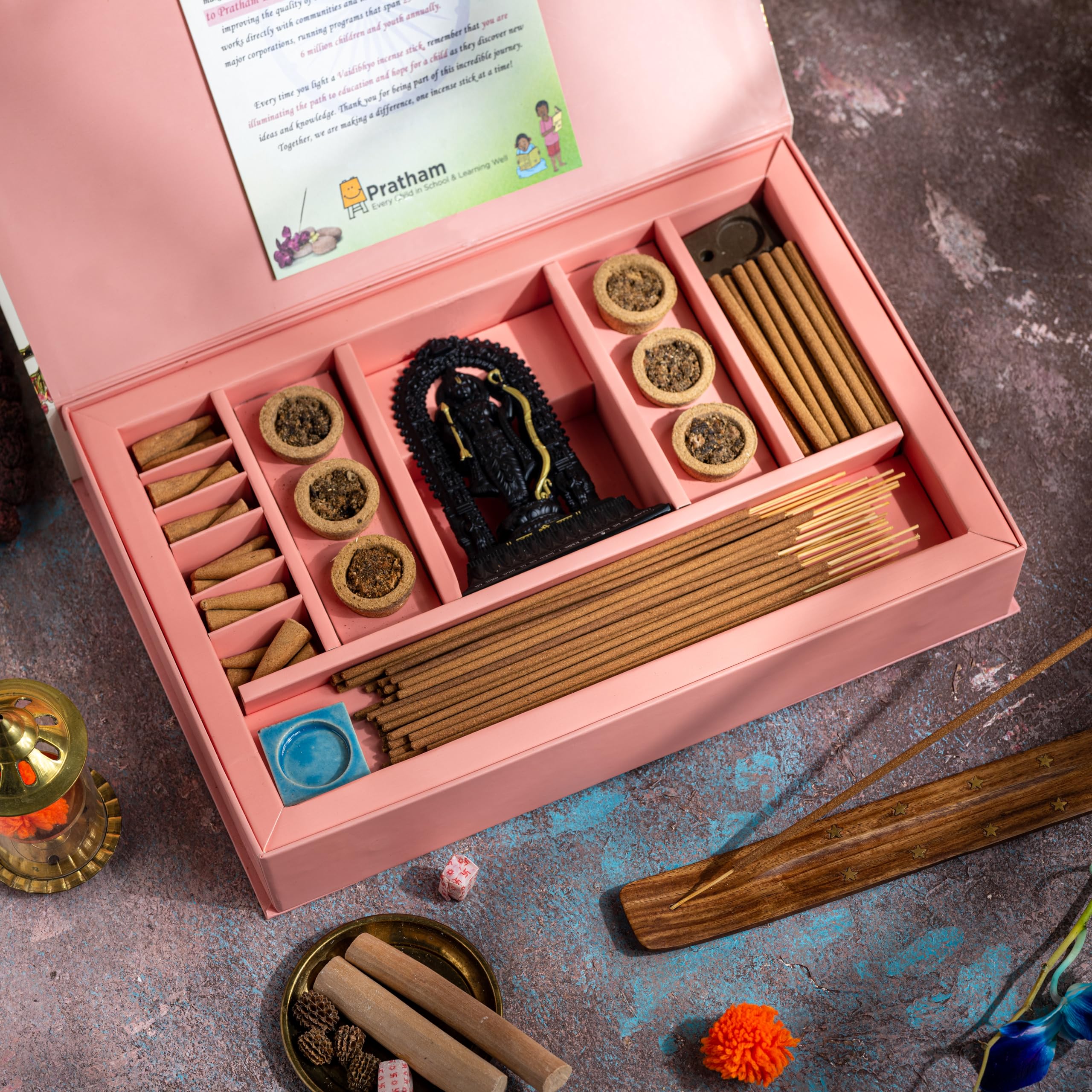 Luxury Pooja Gift Box of Mixed Incense Products of Sandalwood (60 Agarbatti, 30 Dhoop, 30 Cones, 6 Havan Cups) | Zinc Metal Ramlalla | Best for Personal & Corporates | 3 Free Stands-image-46