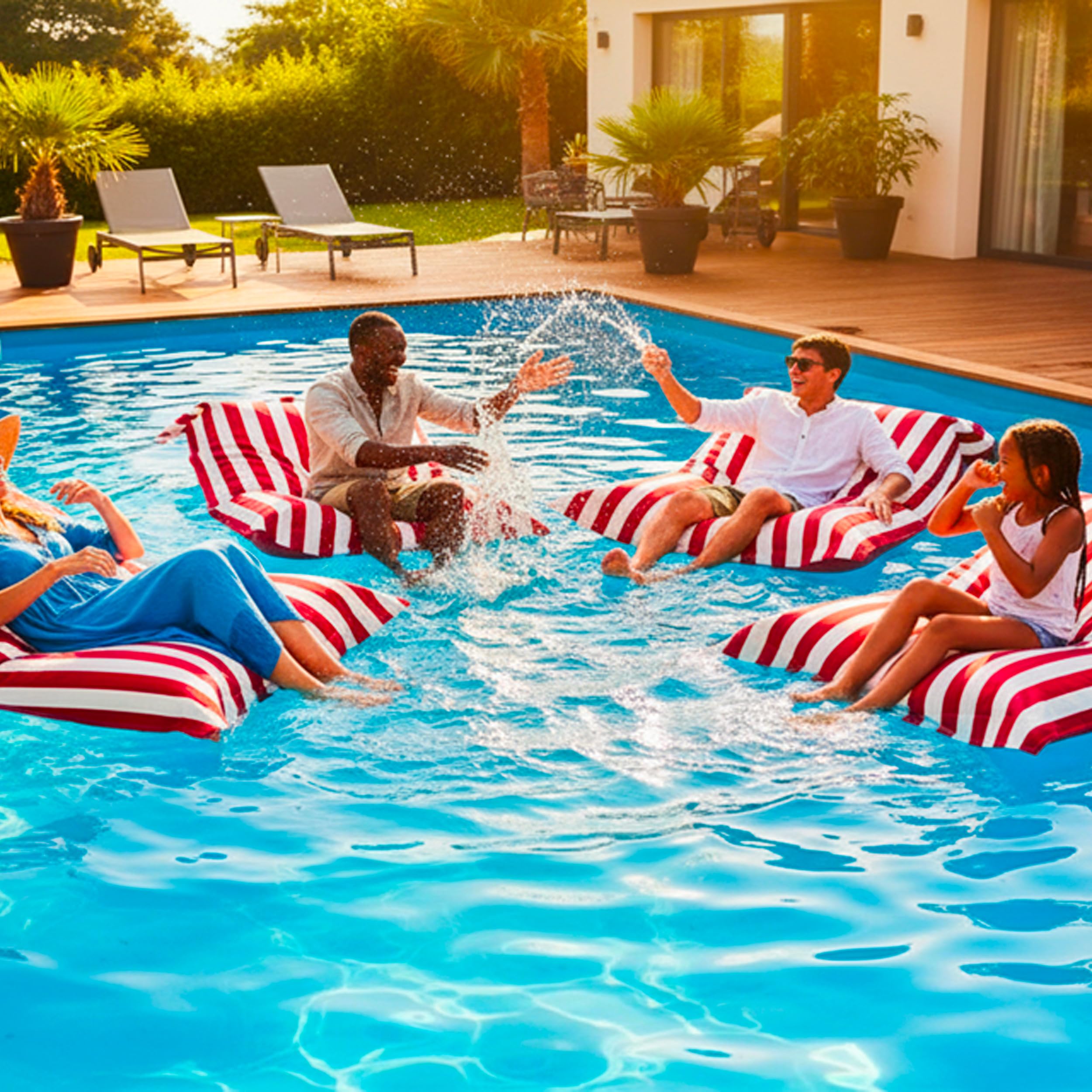 LIVEDECO – Puff Gigante XXL desenfundable, Flotante para Piscina, Rojo a Rayas Deauville Pool BiG52