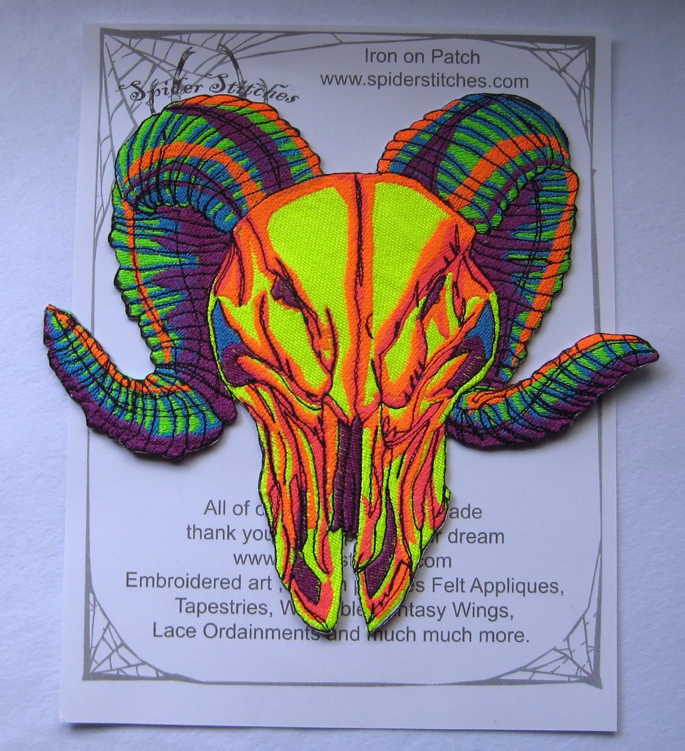Huge Neon Wicked Ram Skull Patch Iron on Patch or Sew on Pagen Punk Gothic Goth Patch