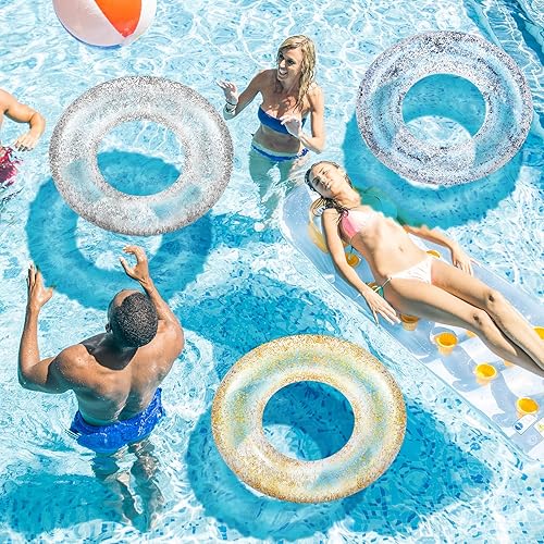 Miniatura 5 de Zhanmai 4 piezas de tubo inflable para piscina, anillo de natación transparente con purpurina colorida, flotadores de piscina para adultos, tubo