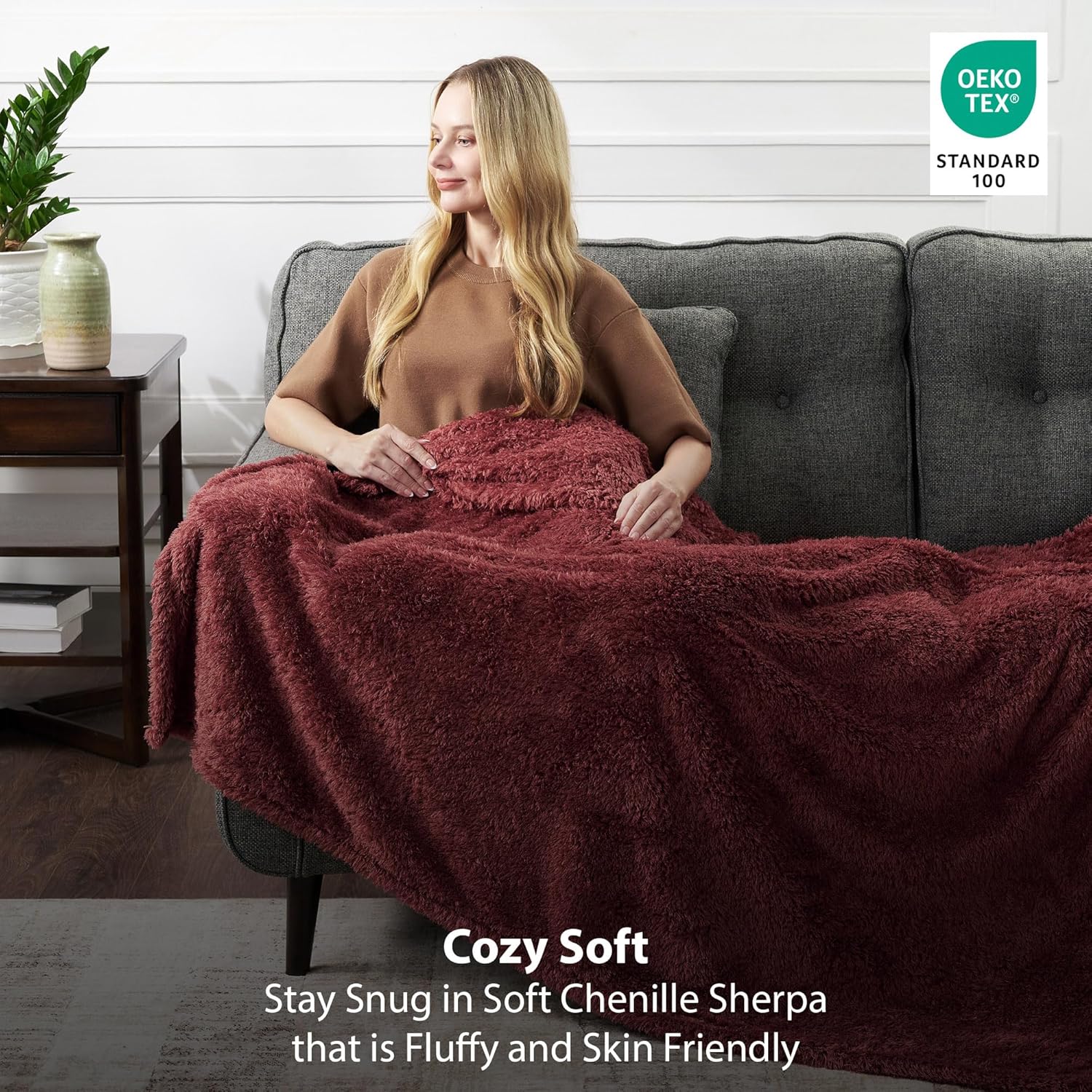 Cozy Chenille Sherpa Throw Blanket - Soft, Plush, Fluffy Sofa and Bed Throw, Great Gift for Women, Teens - All Season Home Décor (Apple Butter, 50" x 60")