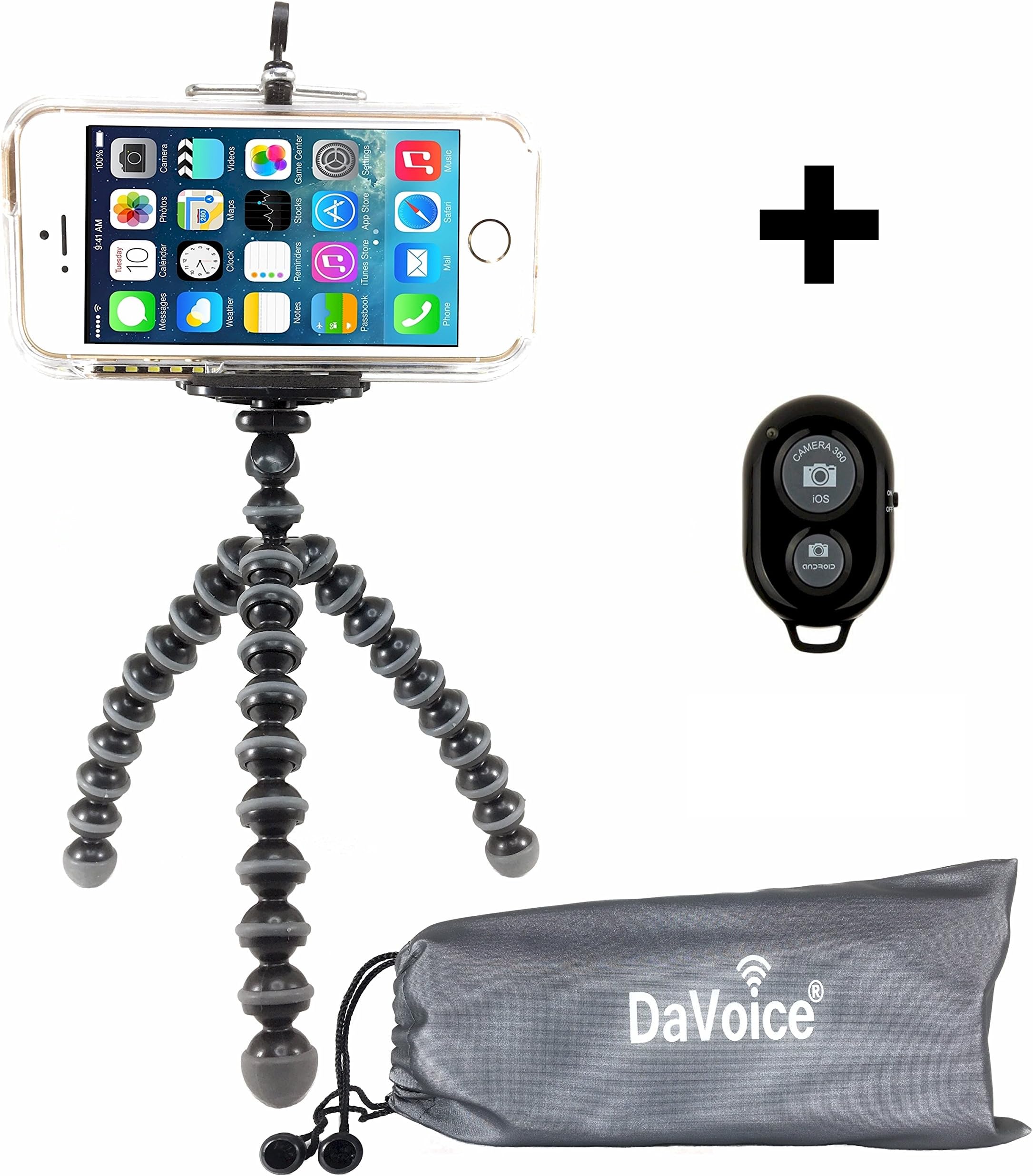 DaVoice Gorilla Tripod Compatible with iPhone X XS XR 8 7 6 6S SE 5 5s 5c, Samsung Galaxy S9 S8 S7 S6 S5 Cell Phone Adapter with Bluetooth Remote Control - Flexible Mini Octopus Stand (Black/Gray)