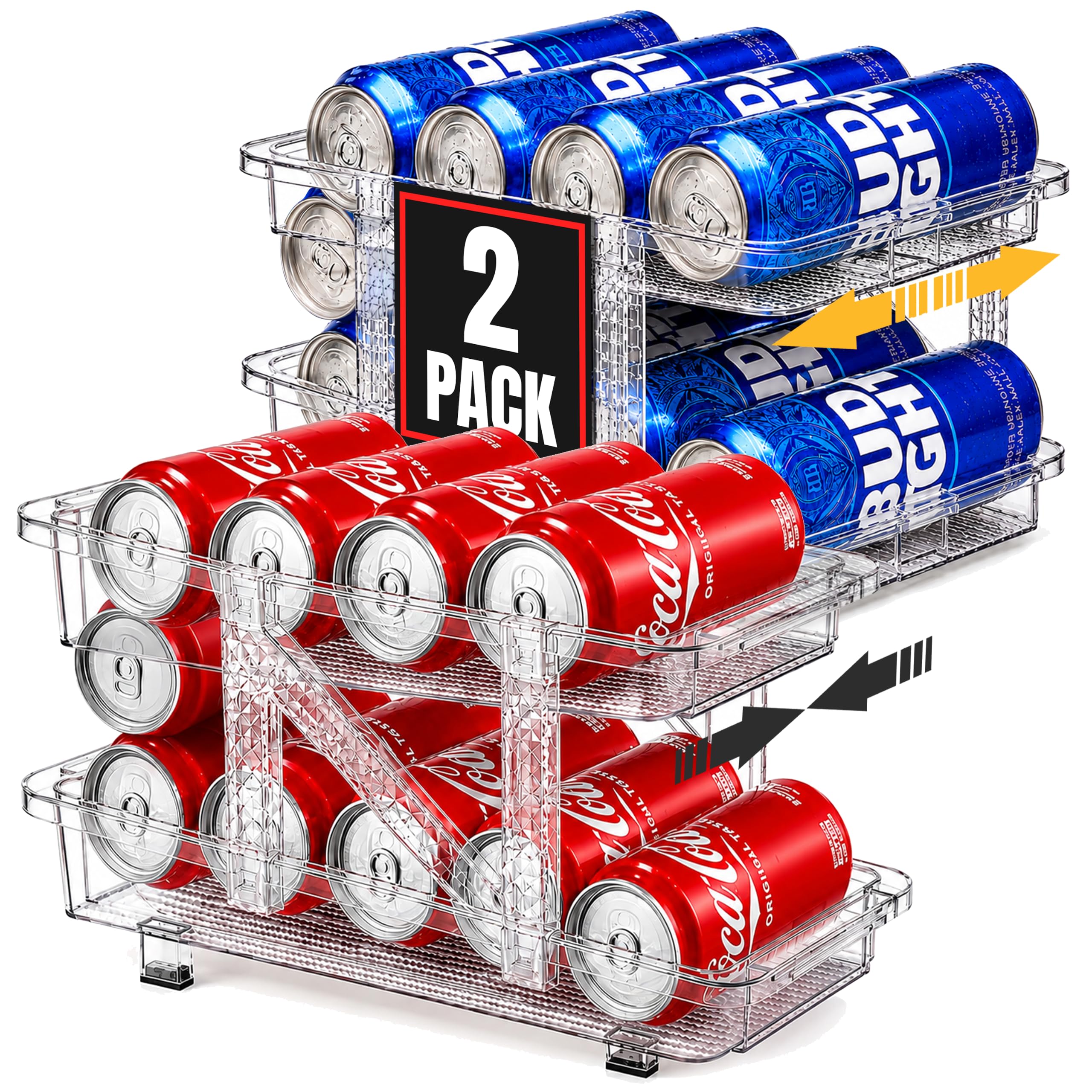 Dispensador de latas de refresco expandible, paquete de 2, diseño transparente para refrigerador, cocina y despensa, organizador de almacenamiento para latas, botellas de bebidas, alimentos enlatados