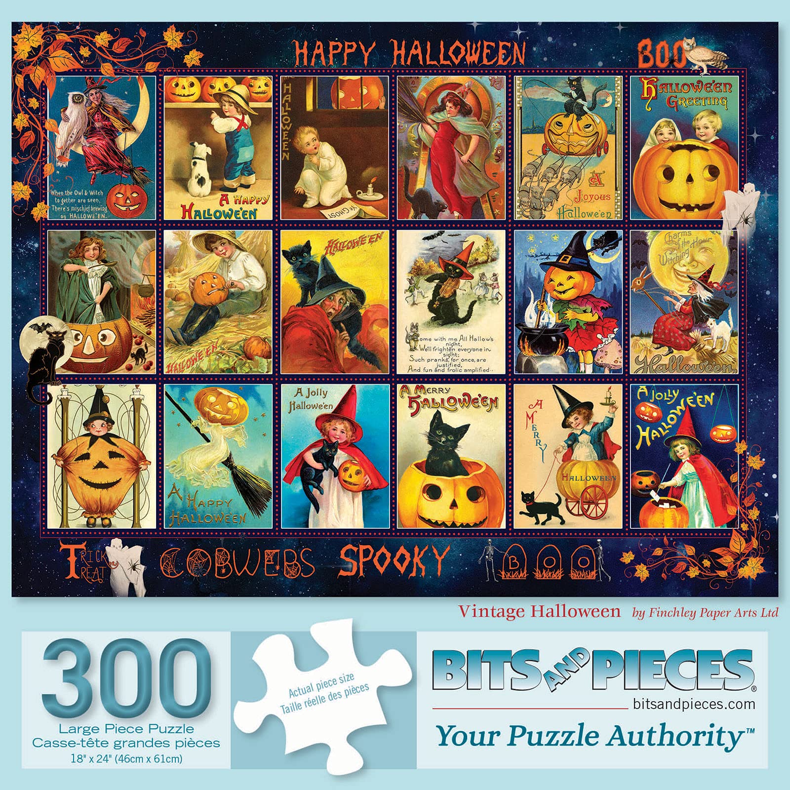 Bits and Pieces – 300 Piece Jigsaw Puzzle for Adults – Vintage Halloween - Halloween Pumpkin Collage Spooky Postcard Jigsaw Puzzle by Artist Finchley Paper Arts Ltd, Completed Puzzle Size: 18" x 24"