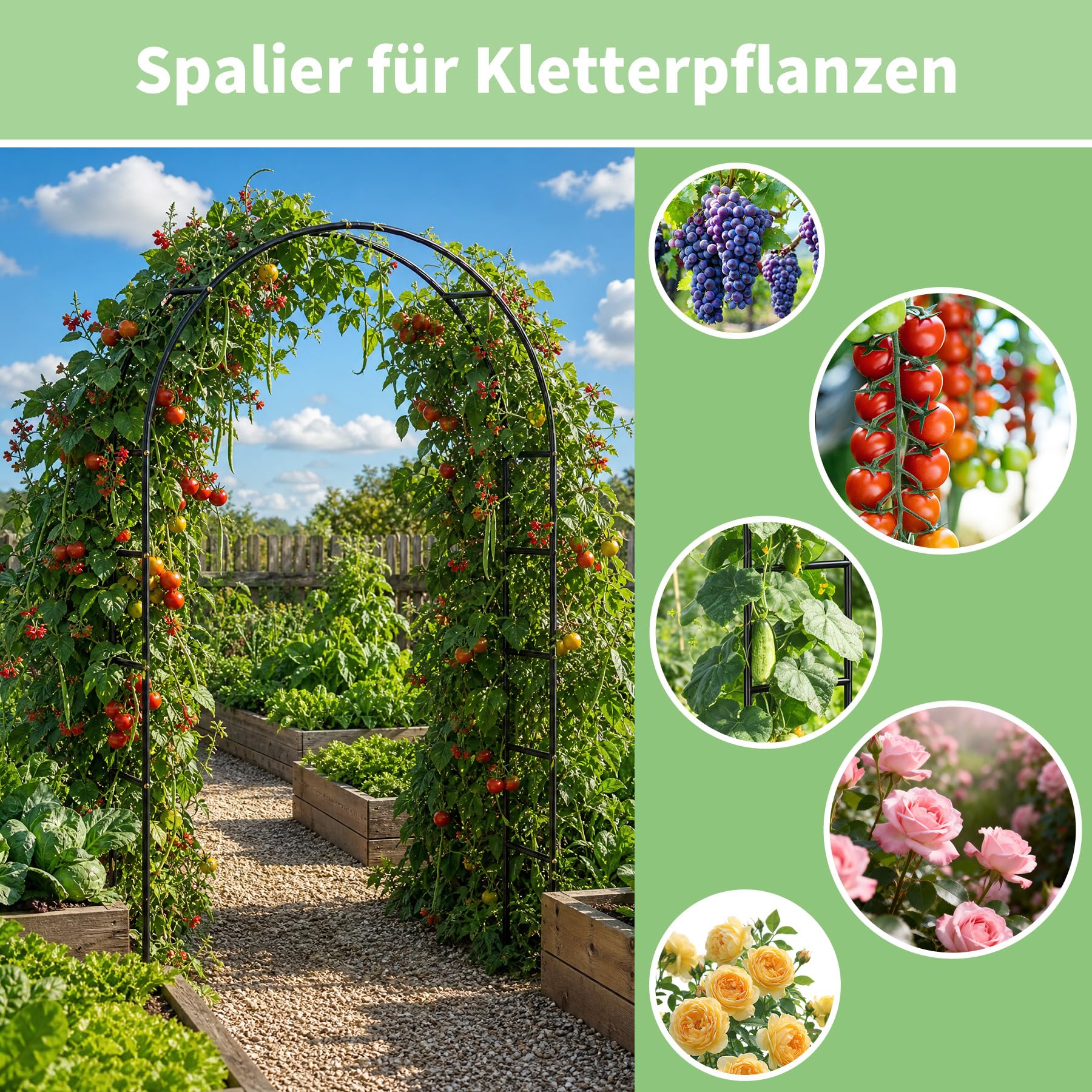 Gartenbogen aus Metall, 2,4M Garten-Torbogen Pulverbeschichteter Stahlrahmen für Pflanzen zur Unterstützung von Rosen, die Torbogen-Gartendekoration (Schwarz)