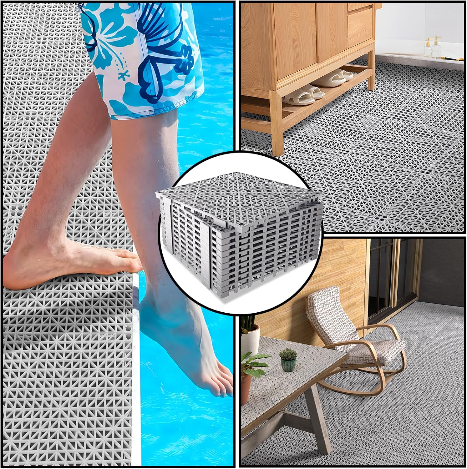 12 PCS Modular Interlocking Cushion Interlocking Floor Tiles with Hole Drainage Tiles Mat Non Slip Pool Deck Mat Outdoor for Drain Deck Pool Patio Shower Kitchen Balcony (Grey, 12 x 12 Inch) - Image 9