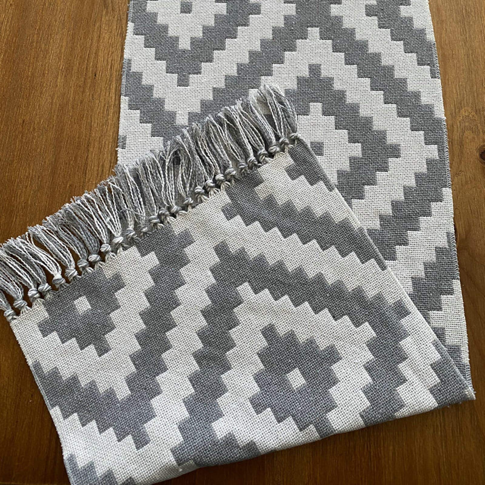 thumbnail: KnBoB Katoen Linnen Tafelloper Zwart Wit Geometrisch Puzzelpatroon Met Kwasten - 32x160cm Eetkamer Decoratie