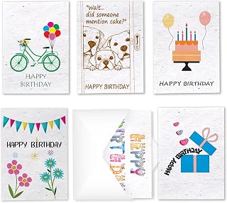 Happy Birthday Card Set - 6 Seed Paper Greeting Cards with Envelopes - 4x6 Inches - Eco-Friendly Wildflower Birthday Postcards - Biodegradable Birthday Card Pack
