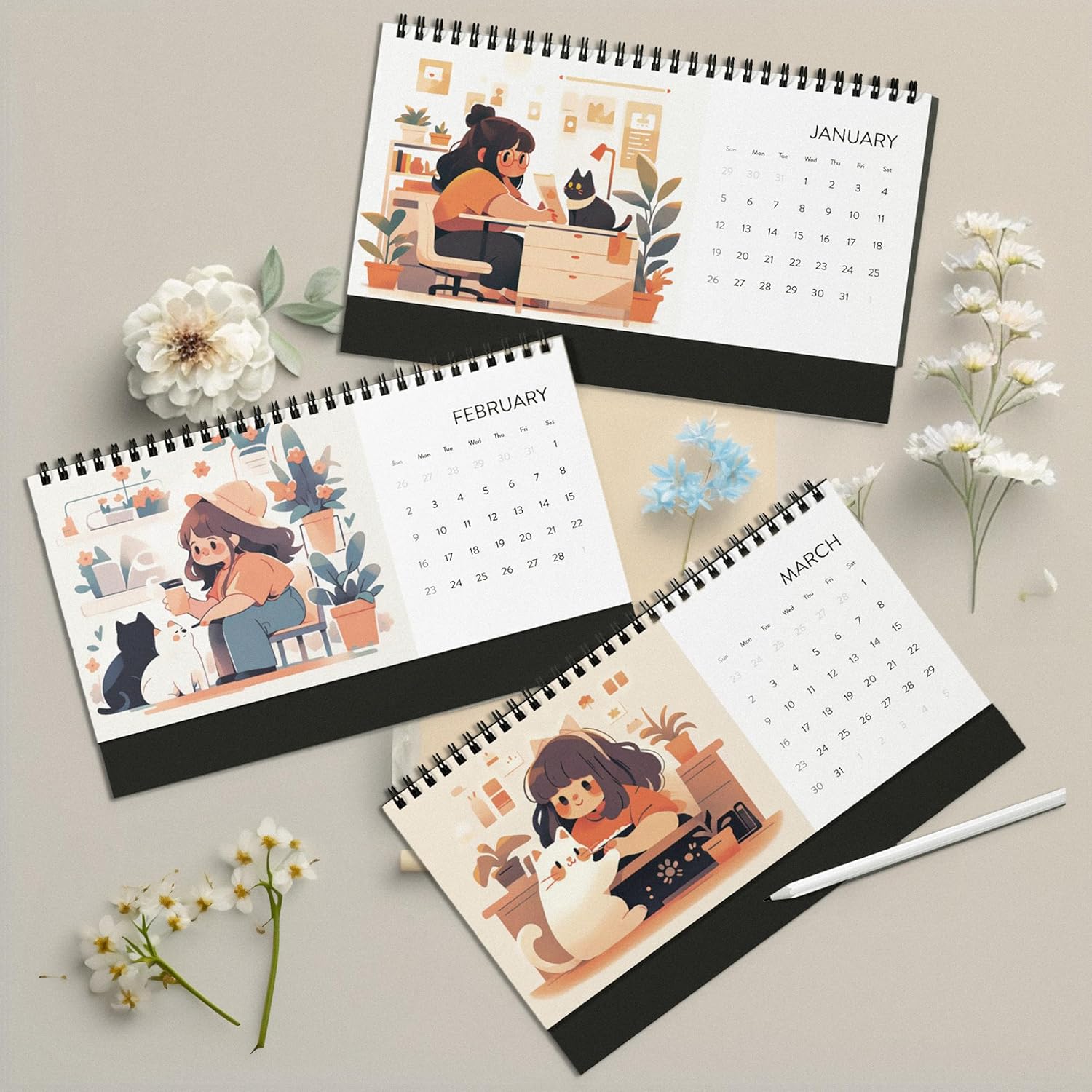 Kawaii Girl & Cat Desk Calendar 2025, Cute 2025 Desk