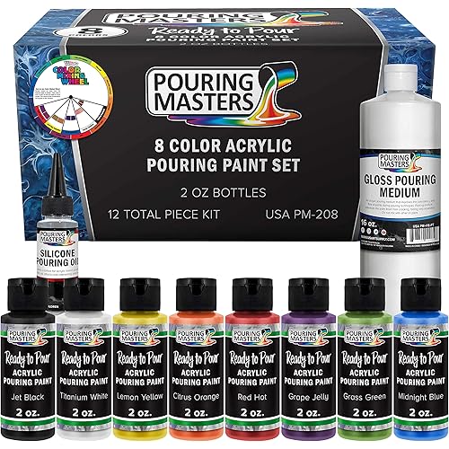 U.S. Art Supply Pouring Masters 8 Color Ready to Pour Acrylic Pouring Paint Set - Premium Pre-Mixed High Flow 2-Ounce Bottles - for Canvas, Wood, Paper, Crafts, Tile, Rocks and More