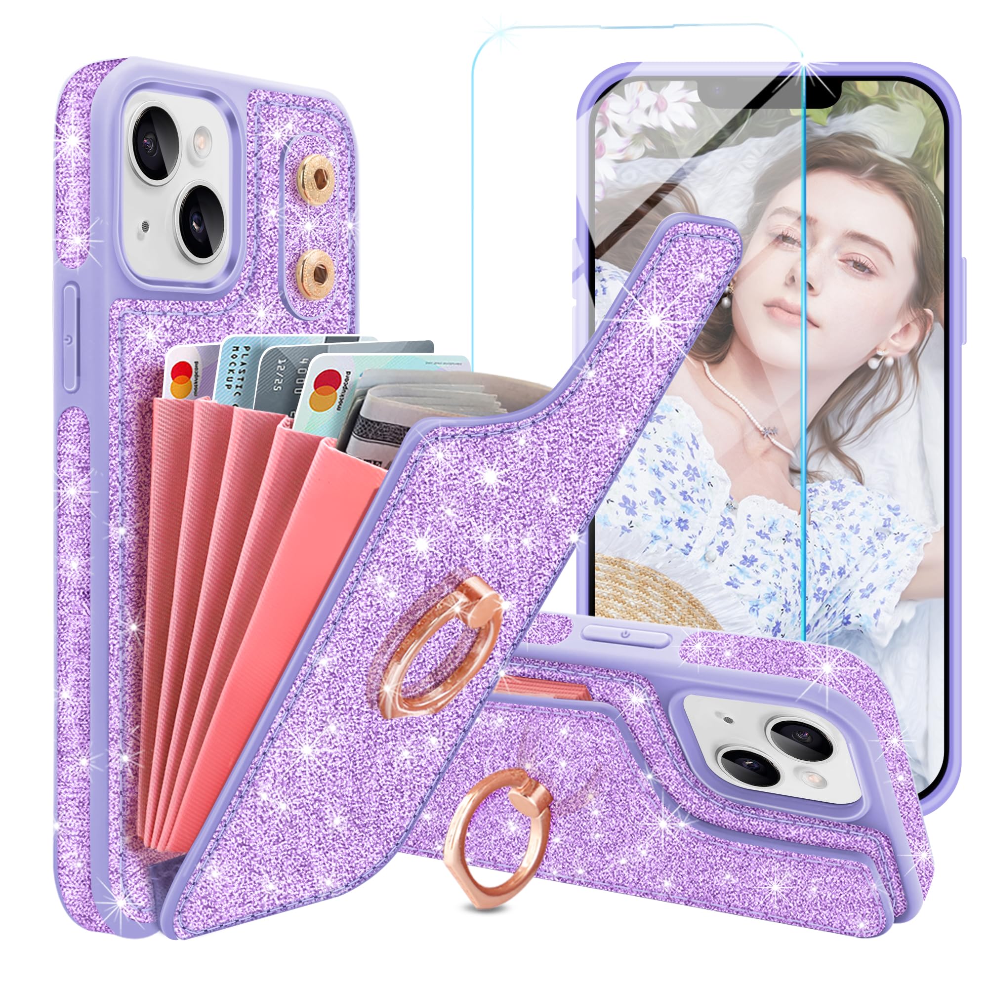 Casewind for iPhone 14 Case,iPhone 13 Case Wallet,with [Screen Protector] Glitter 5 Card Holder & 360°Rotation Ring Stand Shockproof Bling Women Girls