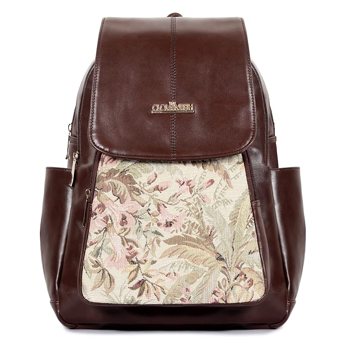 THE CLOWNFISH Medium Size Faux Leather & Tapestry Women's Standard Backpack College School Bag Casual Travel Standard Backpack For Ladies Girls 10 Ltr
