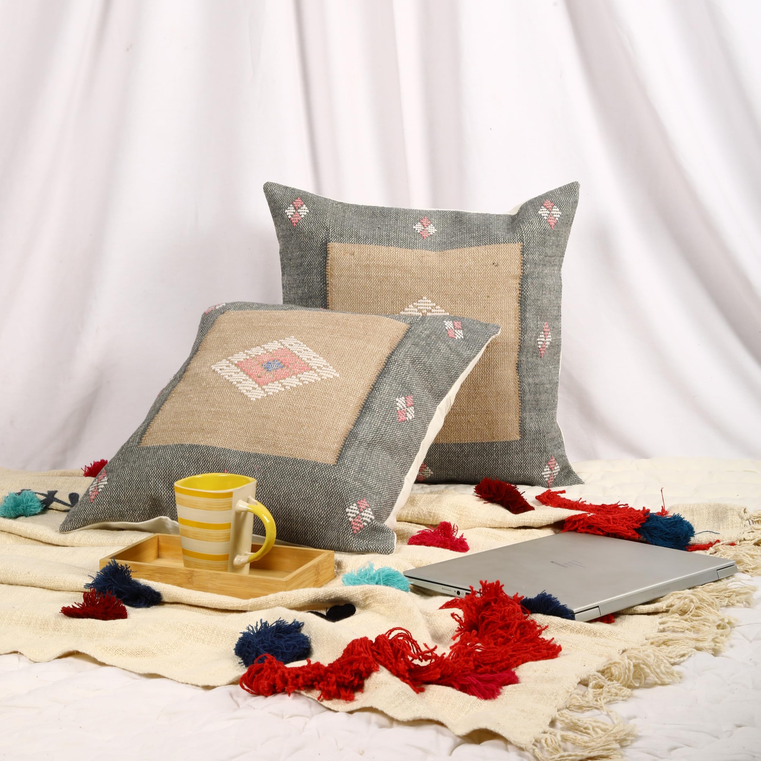 Trade Star Kilim - Juego de 2 fundas de cojín decorativas de 70 % yute, 30 % lana, muy duraderas, tejidas a mano (Sabra 20)