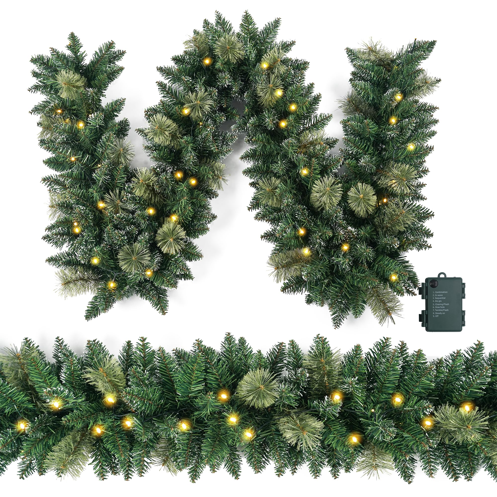 Guirlande de Noël pré-éclairée de 2,7 m avec 50 lumières LED, guirlande de Noël style neige, décoration de Noël à piles pour cheminée, escalier, intérieur et extérieur