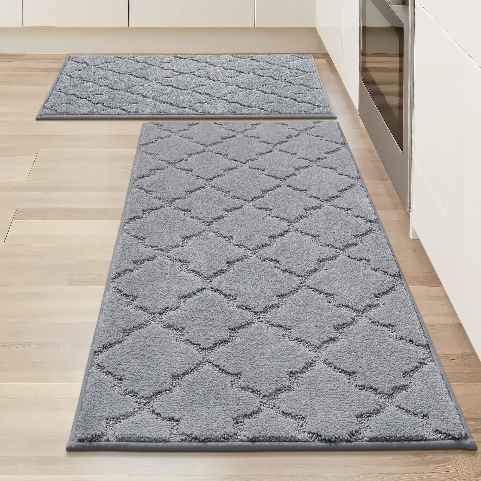 COSY HOMEER Alfombra de Cocina Antideslizante Lavable, Set de 2 Unidades (51 x 76 cm + 51 x 122 cm), Alfombra para Pasillo y Cocina, Ideal para Sala de Estar, Gris