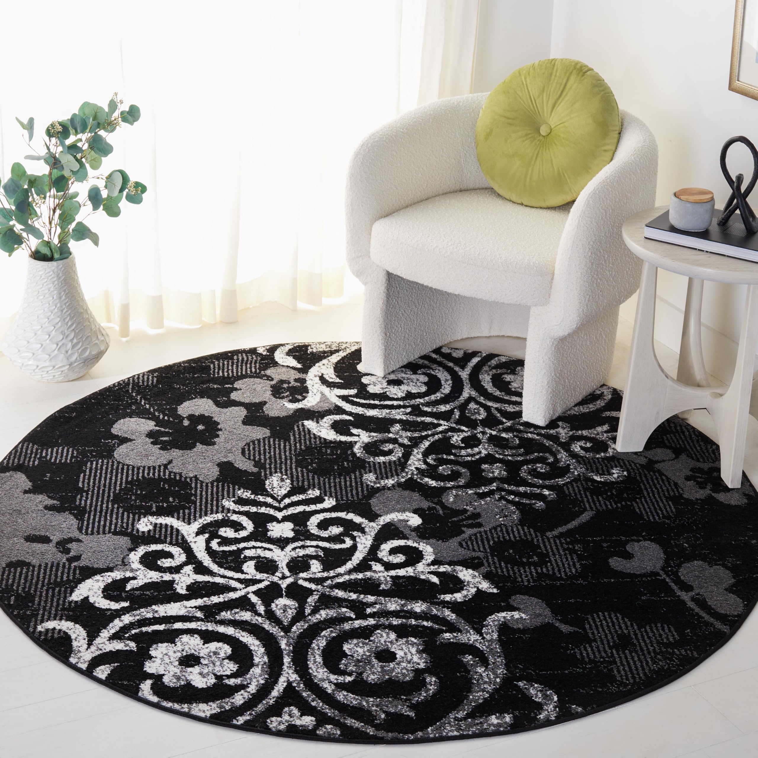 SAFAVIEH Adirondack Collection Area Rug - 8' Round, Black & Silver, Floral Glam Damask Distressed Design, Non-Shedding & Easy Care, Ideal for High